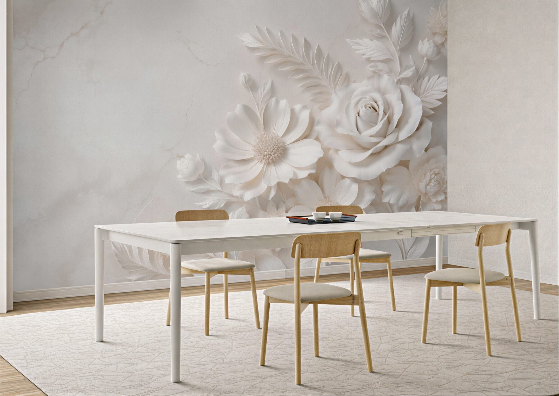 Fototapeta białe kwiaty 3D z różą elegancka beżowa?v23