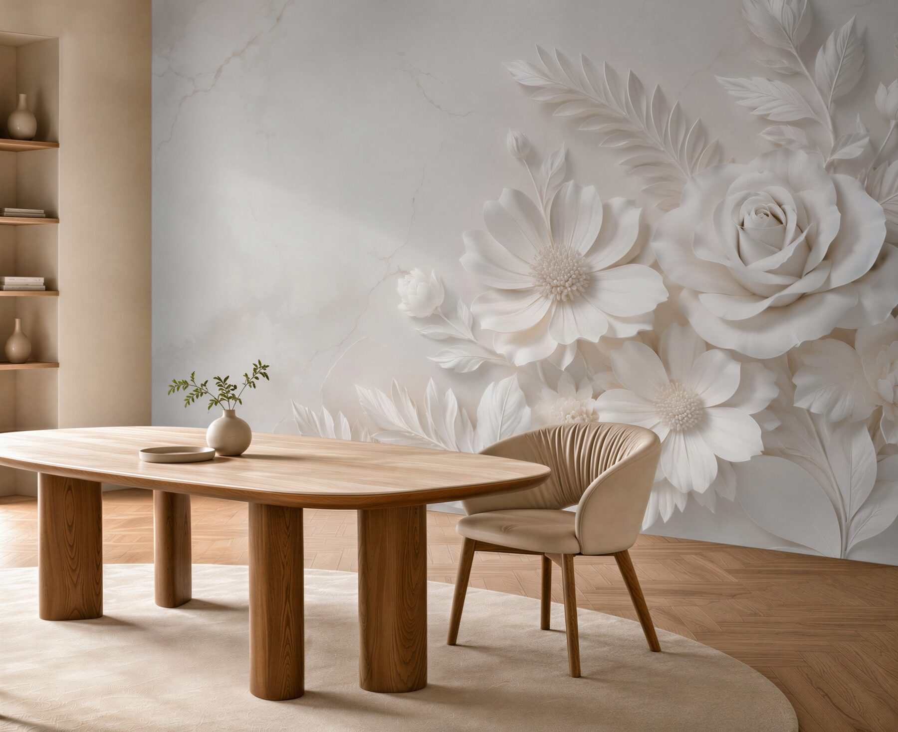 Fototapeta białe kwiaty 3D z różą elegancka beżowa?v23
