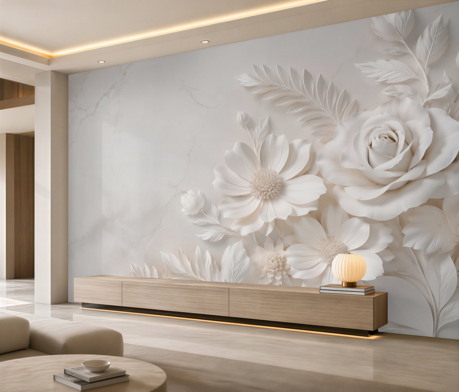 Fototapeta białe kwiaty 3D z różą elegancka beżowa?v23