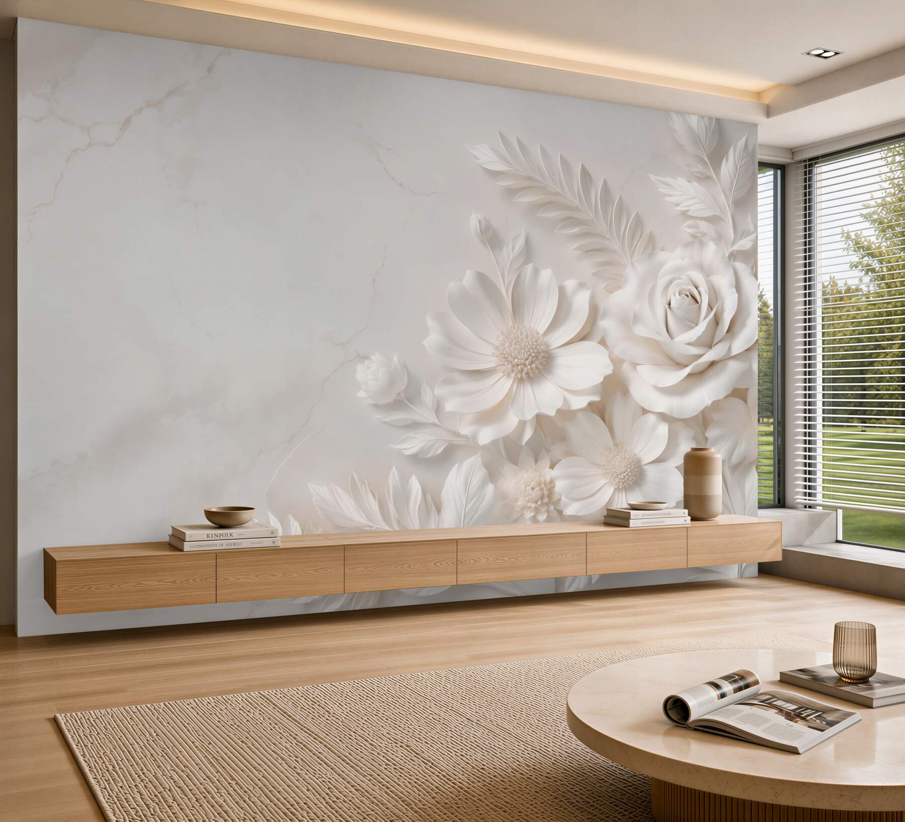 Fototapeta białe kwiaty 3D z różą elegancka beżowa?v23