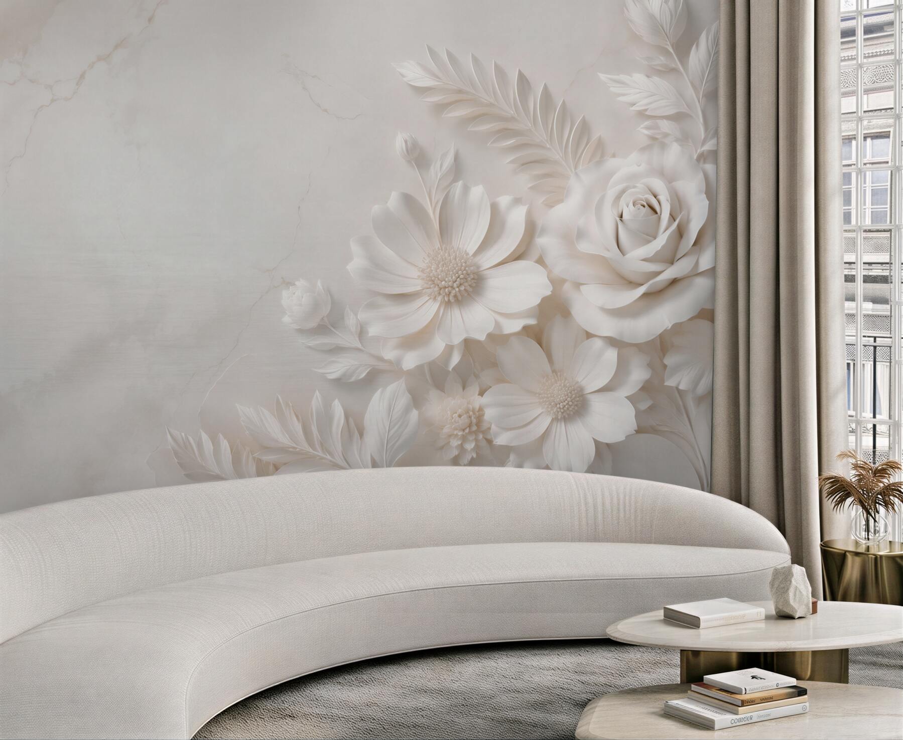 Fototapeta białe kwiaty 3D z różą elegancka beżowa?v23