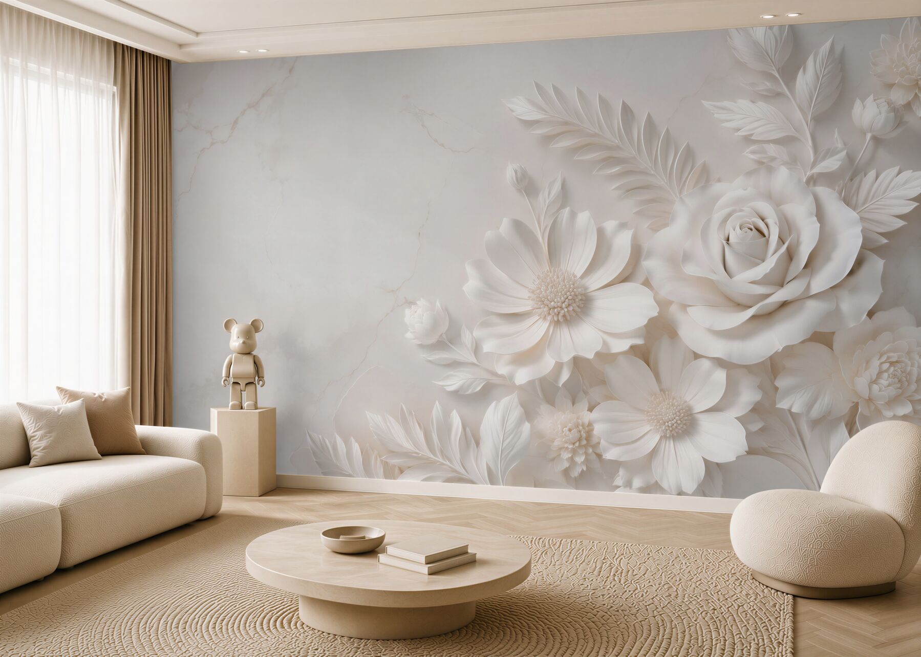 Fototapeta białe kwiaty 3D z różą elegancka beżowa?v23