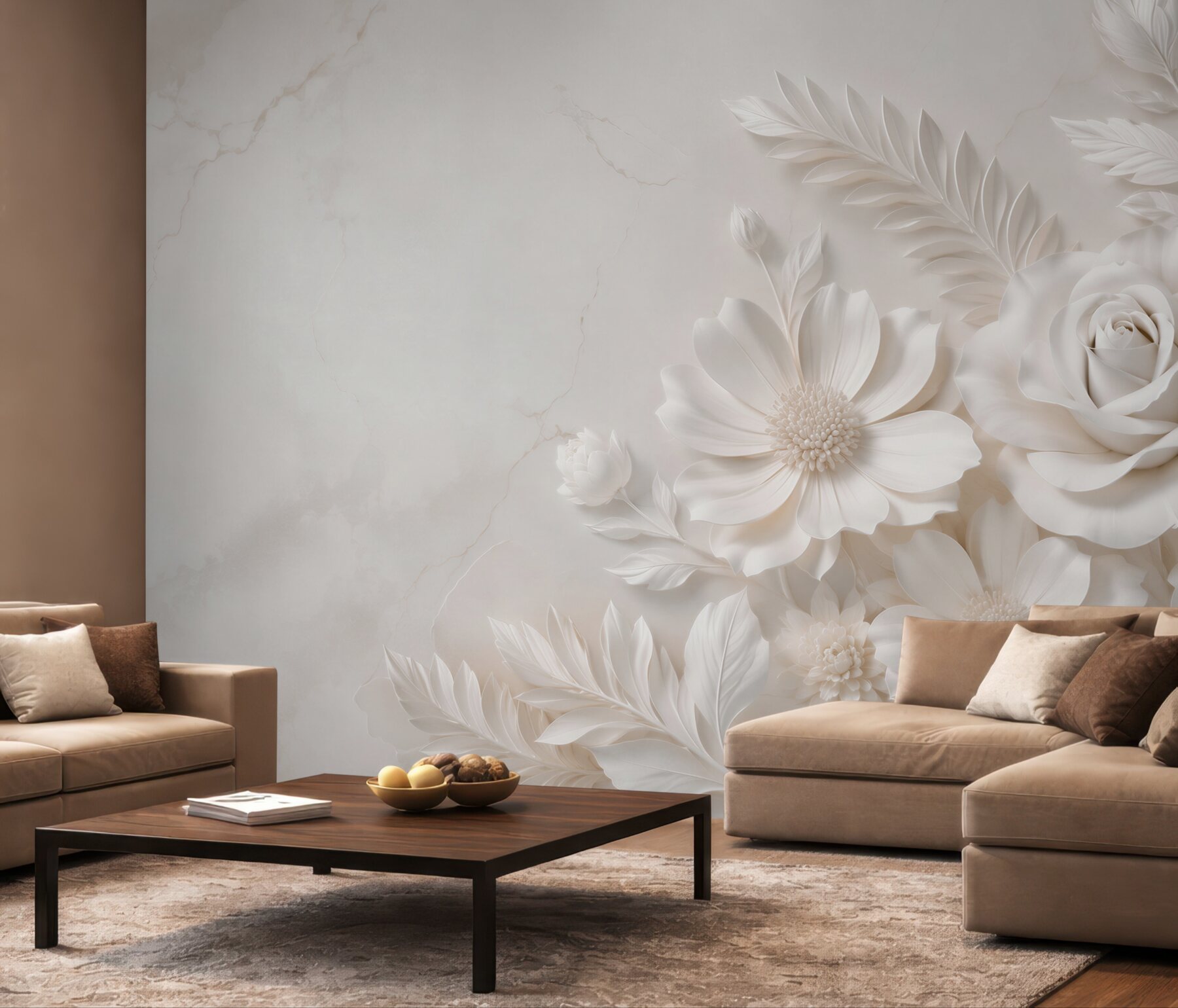 Fototapeta białe kwiaty 3D z różą elegancka beżowa?v23