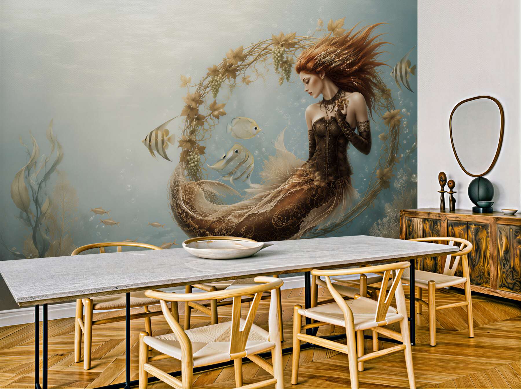 Fototapeta syrena pod wodą z rybami w baśniowym stylu?v23