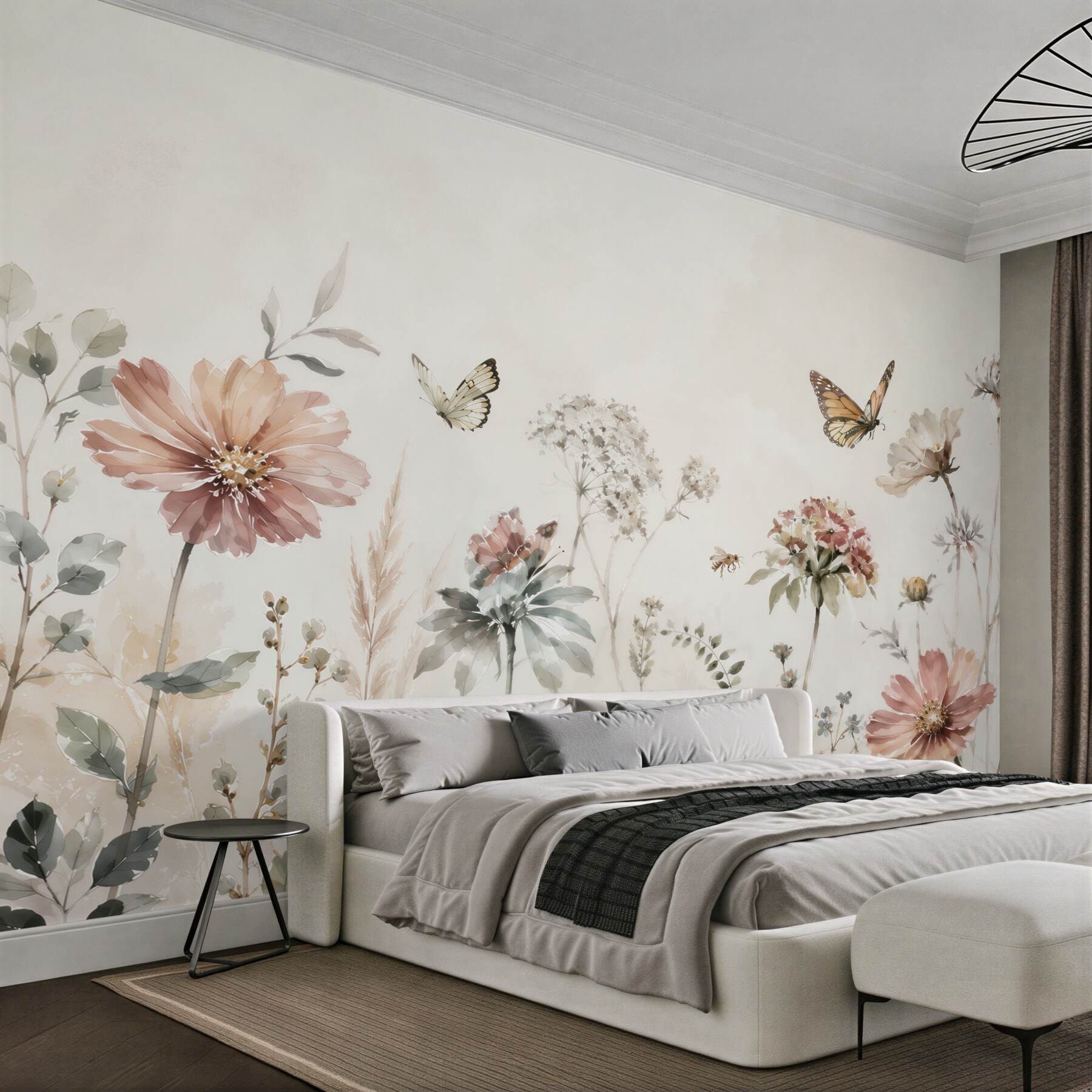 Fototapeta pastelowe kwiaty łąkowe z motylami romantyczna do sypialni?v23