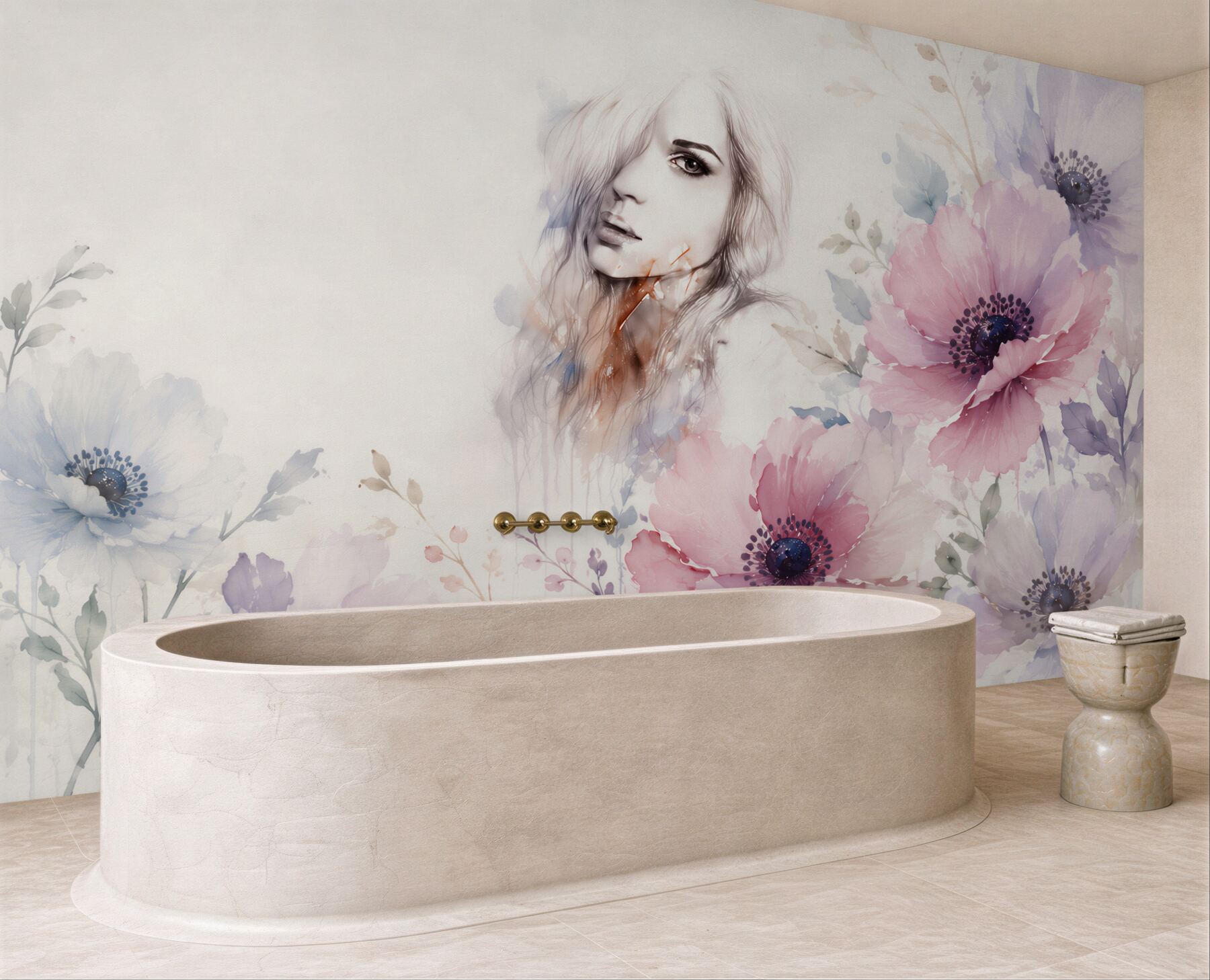 Fototapeta kobieta z kwiatami pastelowe maki akwarelowa do sypialni?v23