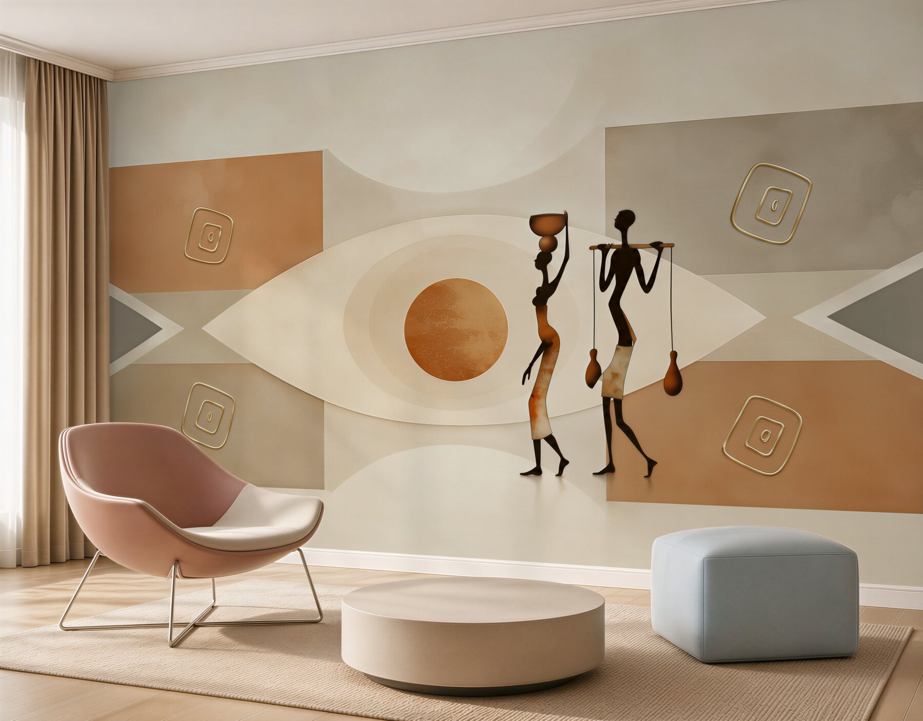 Fototapeta afrykańskie sylwetki i geometryczne wzory w beżowych tonach?v23