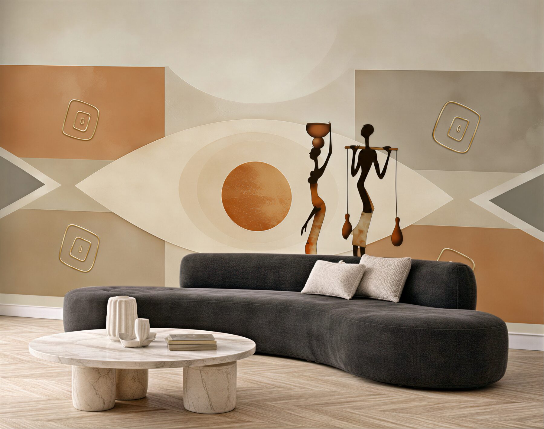 Fototapeta afrykańskie sylwetki i geometryczne wzory w beżowych tonach?v23