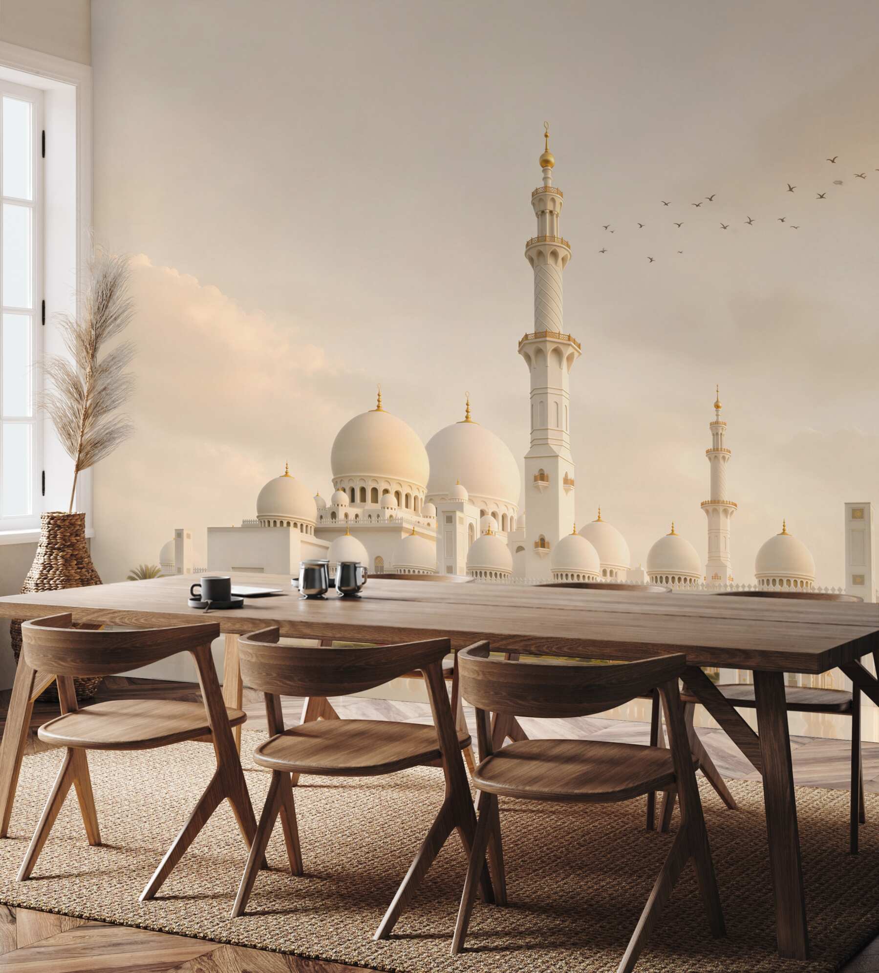 Fototapeta biała meczetowa architektura w złotej mgle elegancka panorama?v23