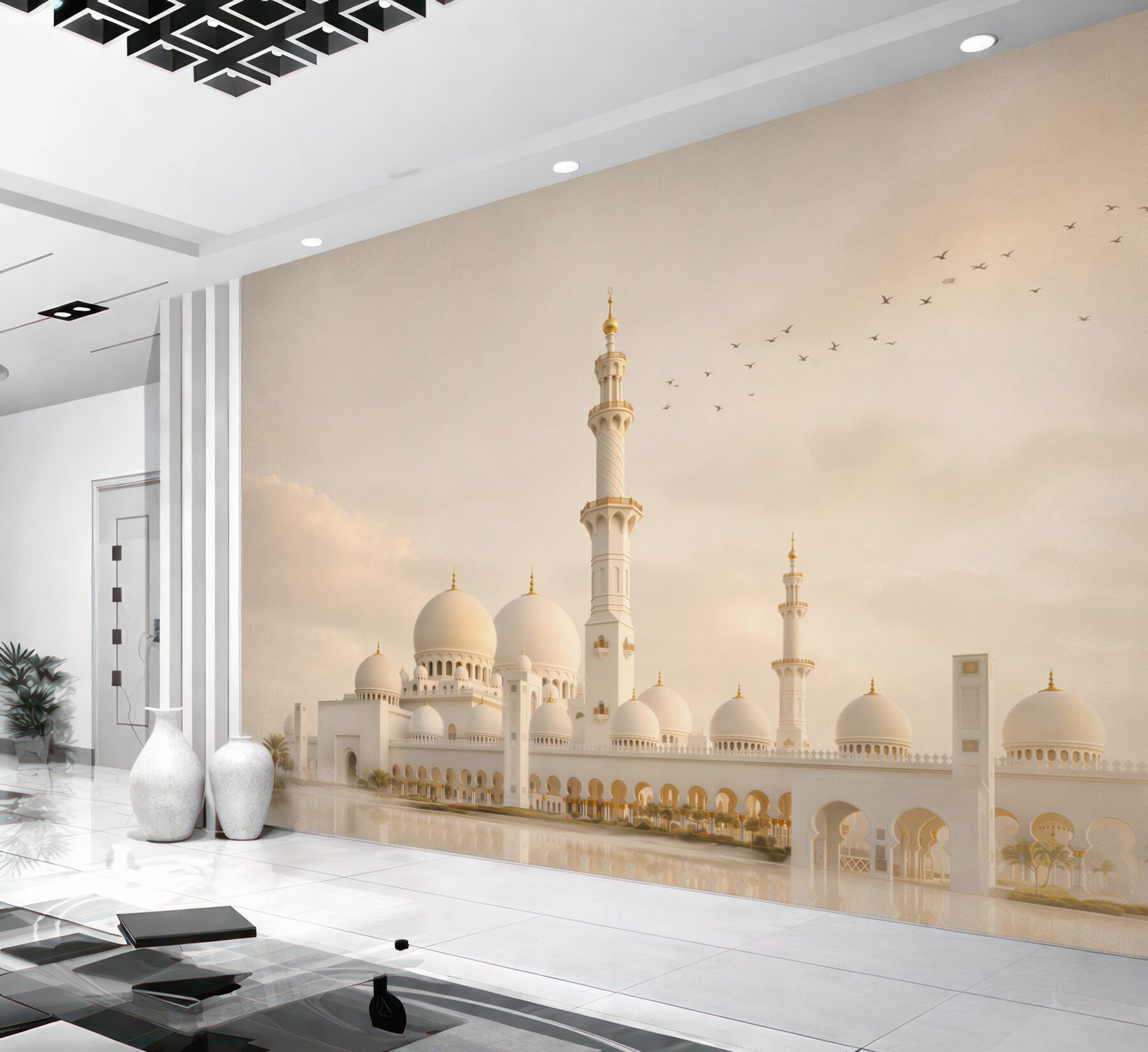 Fototapeta biała meczetowa architektura w złotej mgle elegancka panorama?v23