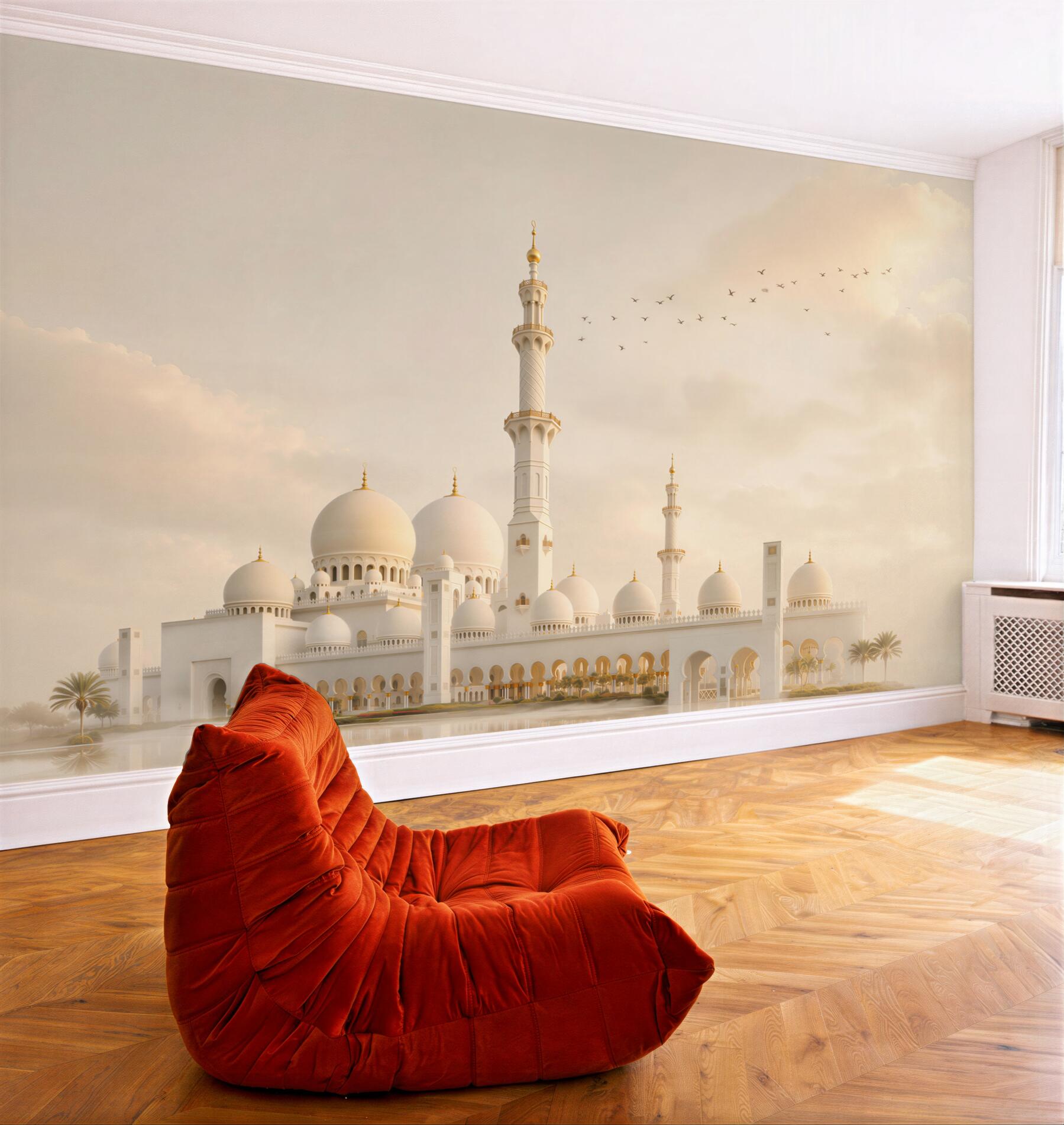 Fototapeta biała meczetowa architektura w złotej mgle elegancka panorama?v23