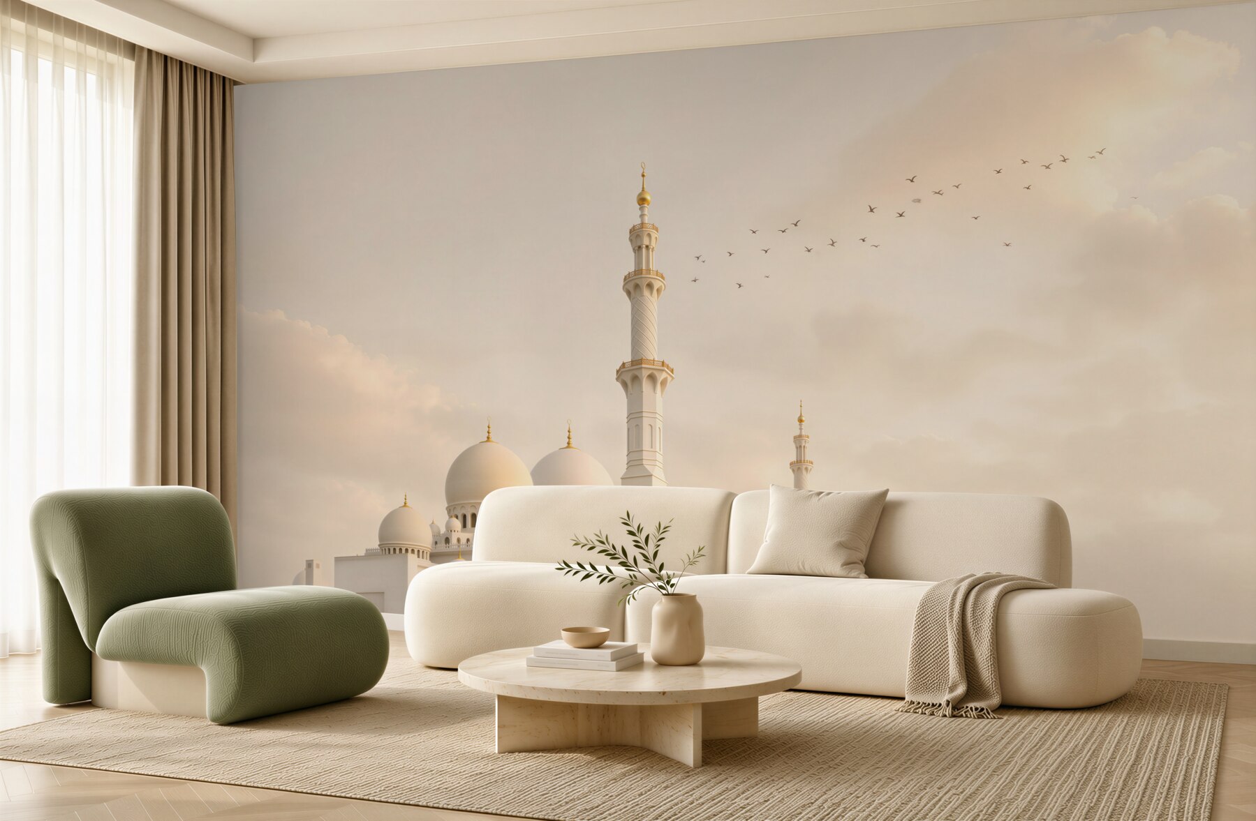 Fototapeta biała meczetowa architektura w złotej mgle elegancka panorama?v23