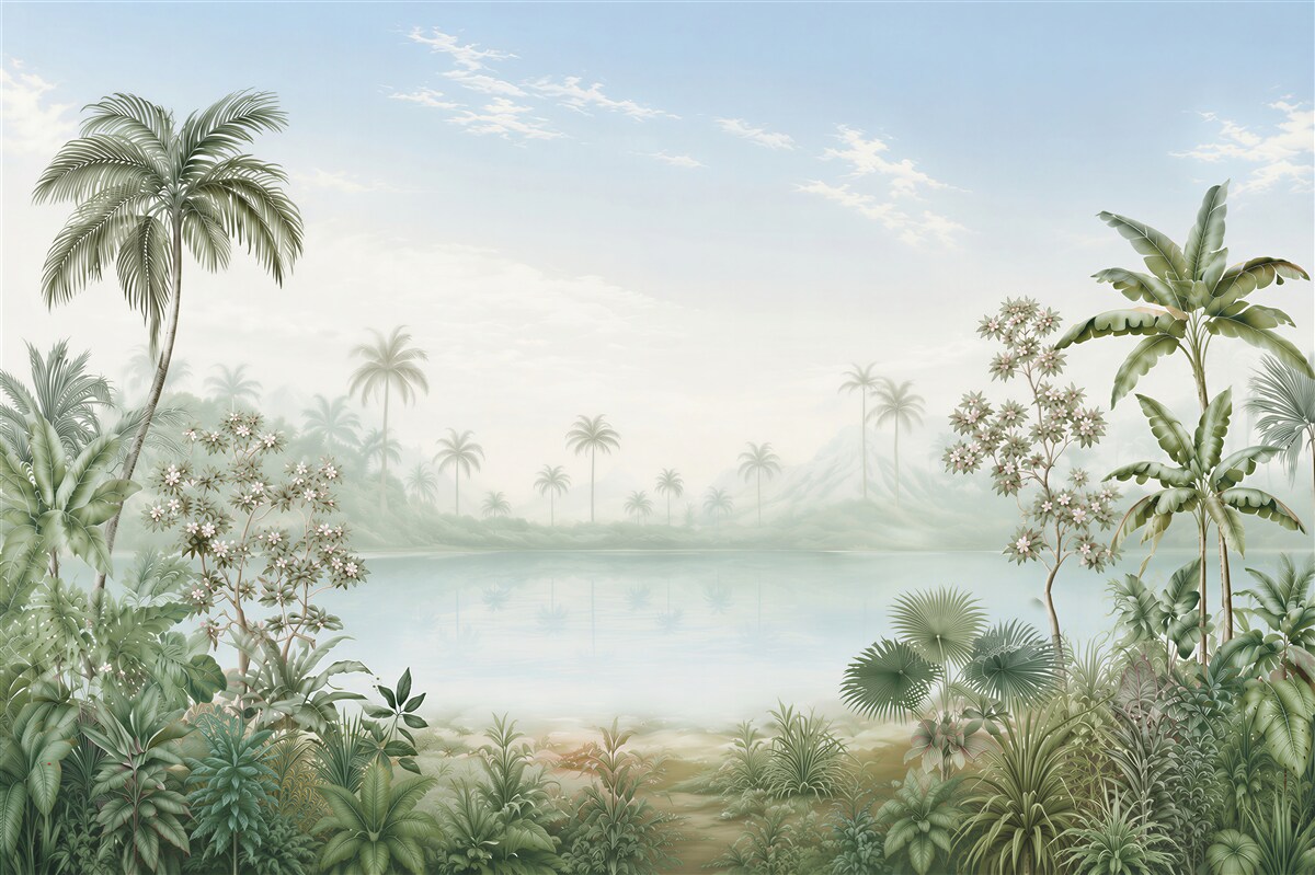 Fototapeta tropikalna laguna z palmami w pastelowej zieleni