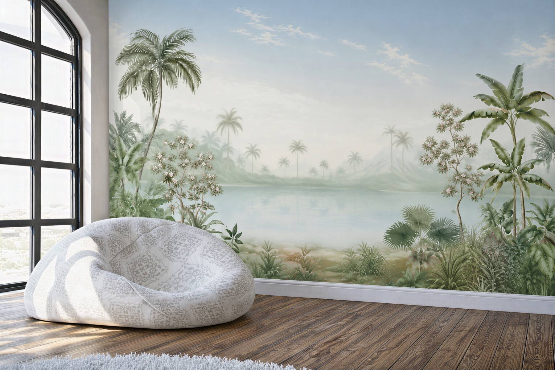 Fototapeta tropikalna laguna z palmami w pastelowej zieleni?v23