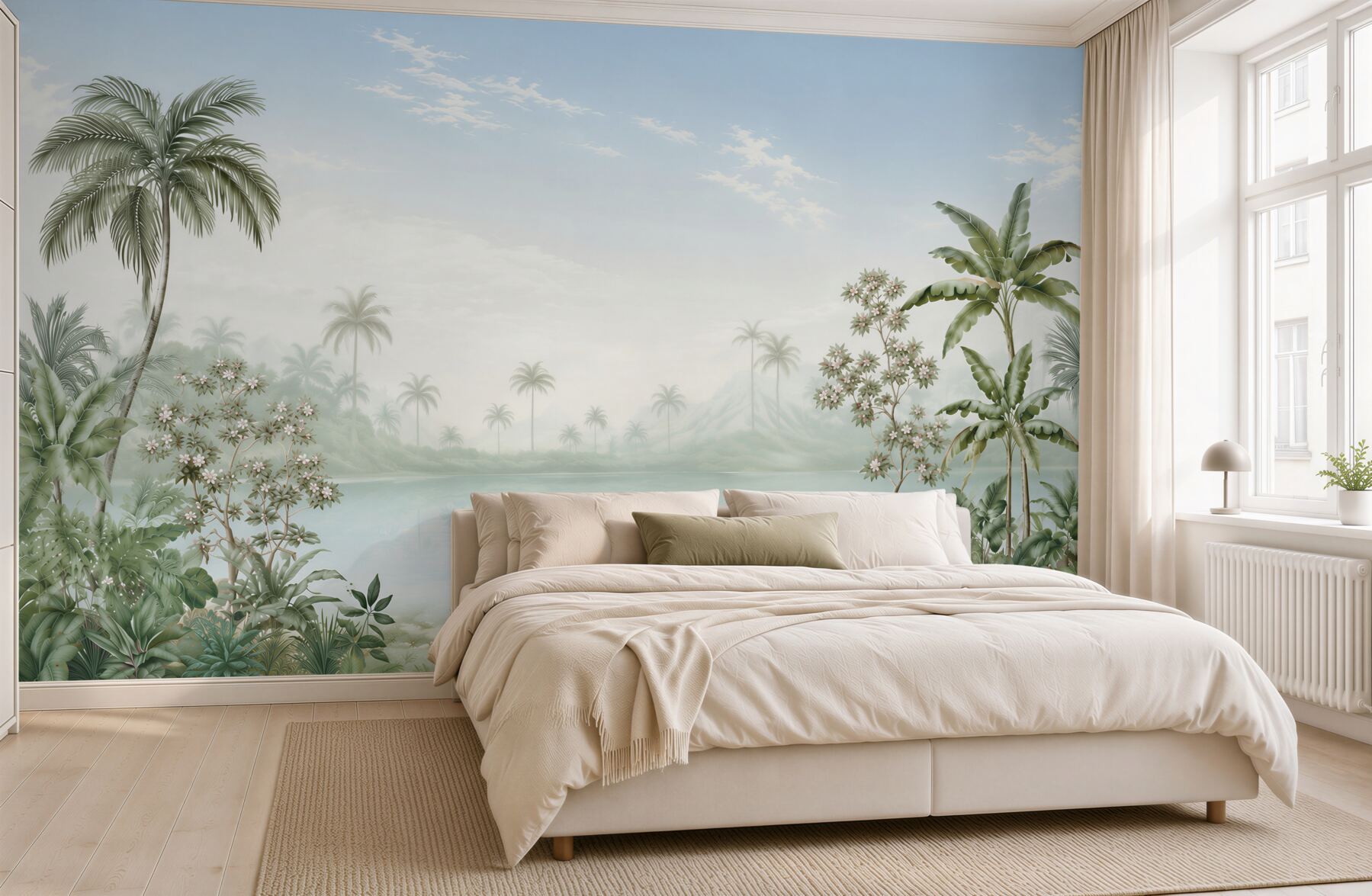 Fototapeta tropikalna laguna z palmami w pastelowej zieleni?v23
