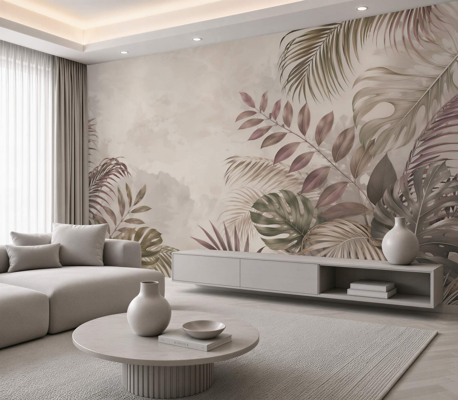 Fototapeta liście tropikalne pudrowy róż i beż elegancka?v23