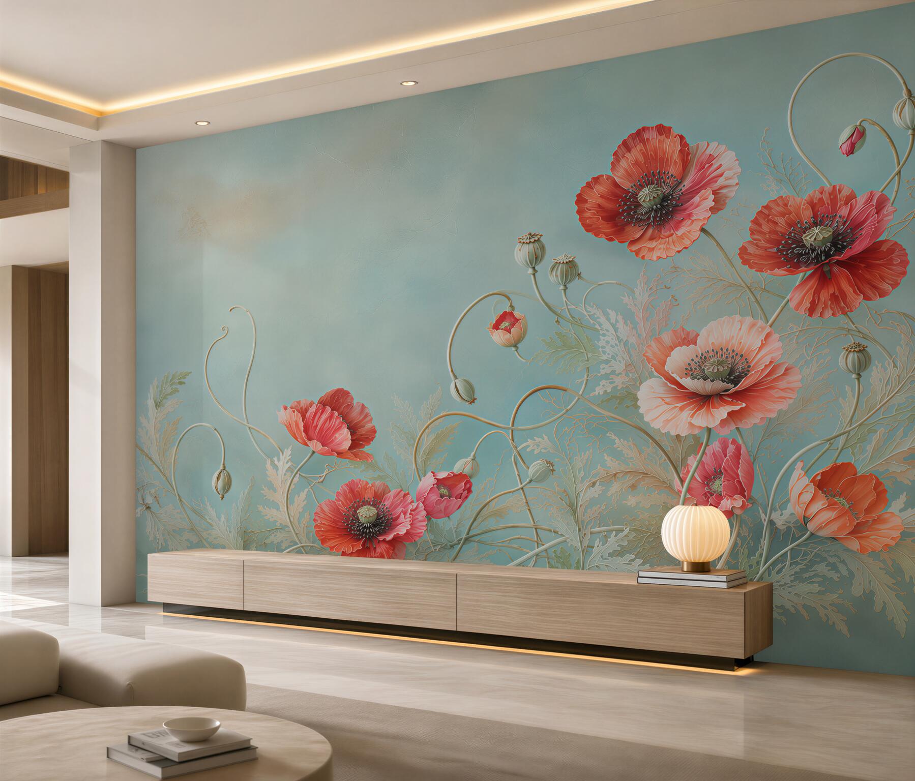 Fototapeta czerwone maki na turkusowym tle elegancka?v23