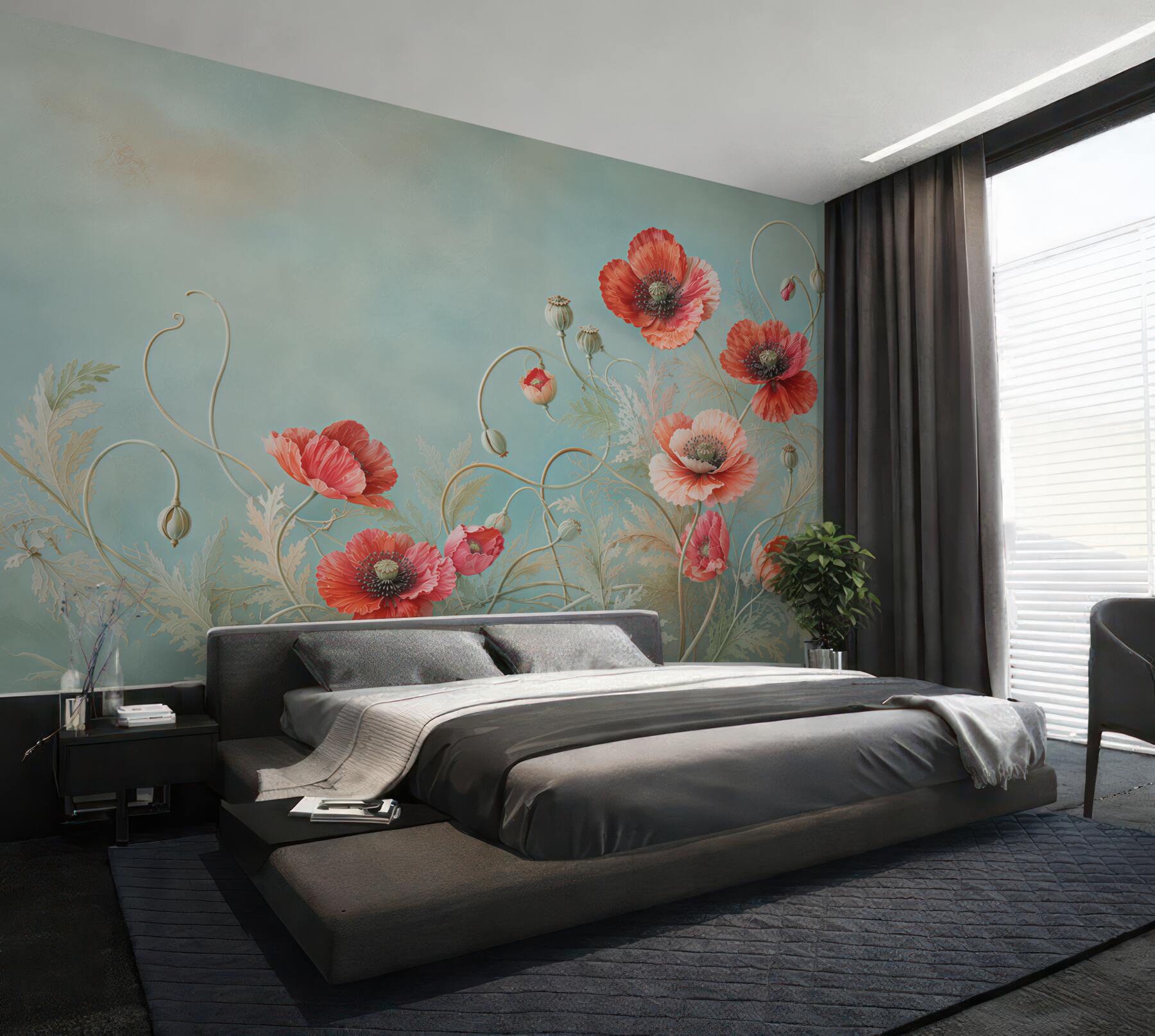 Fototapeta czerwone maki na turkusowym tle elegancka?v23