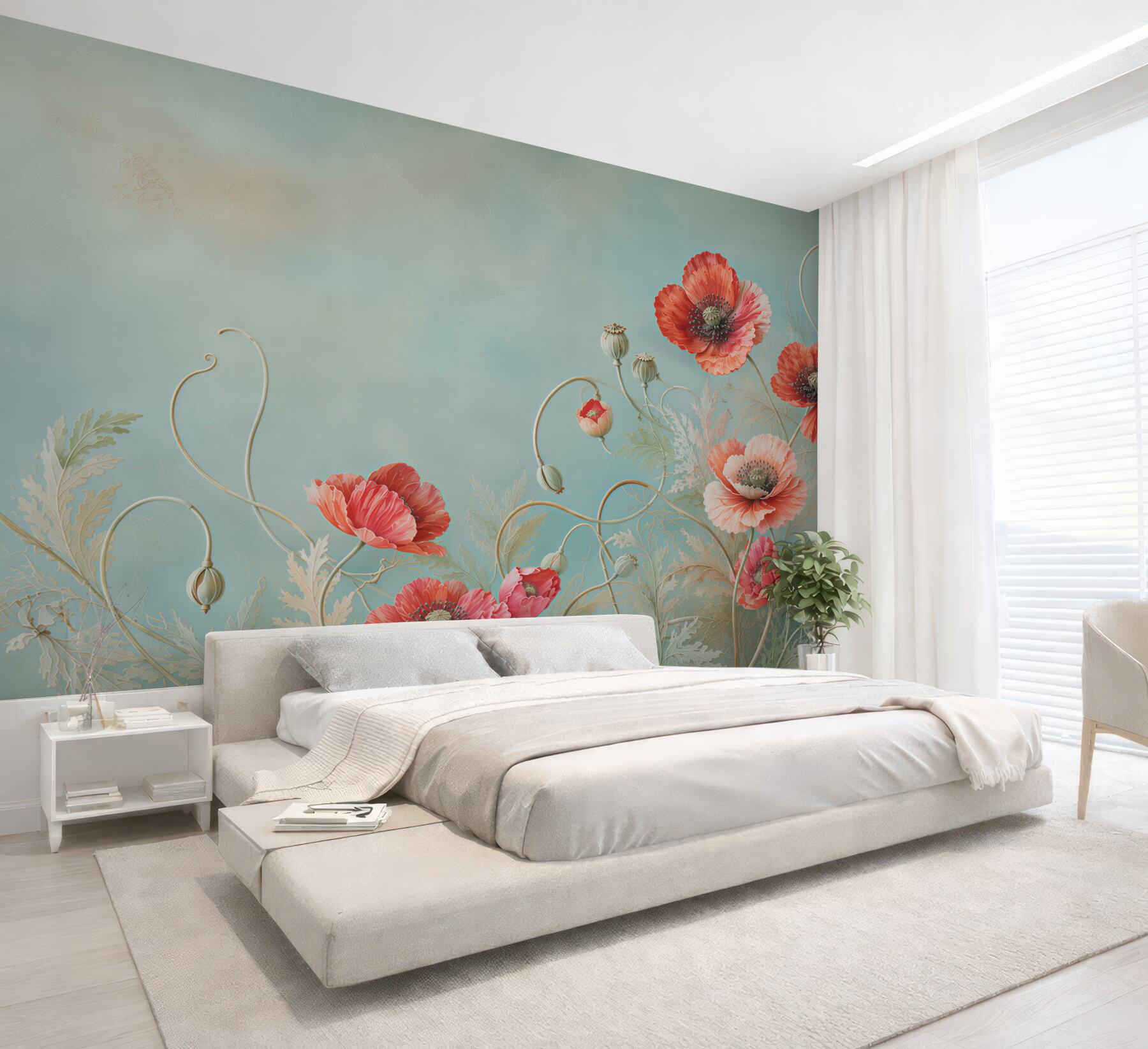 Fototapeta czerwone maki na turkusowym tle elegancka?v23