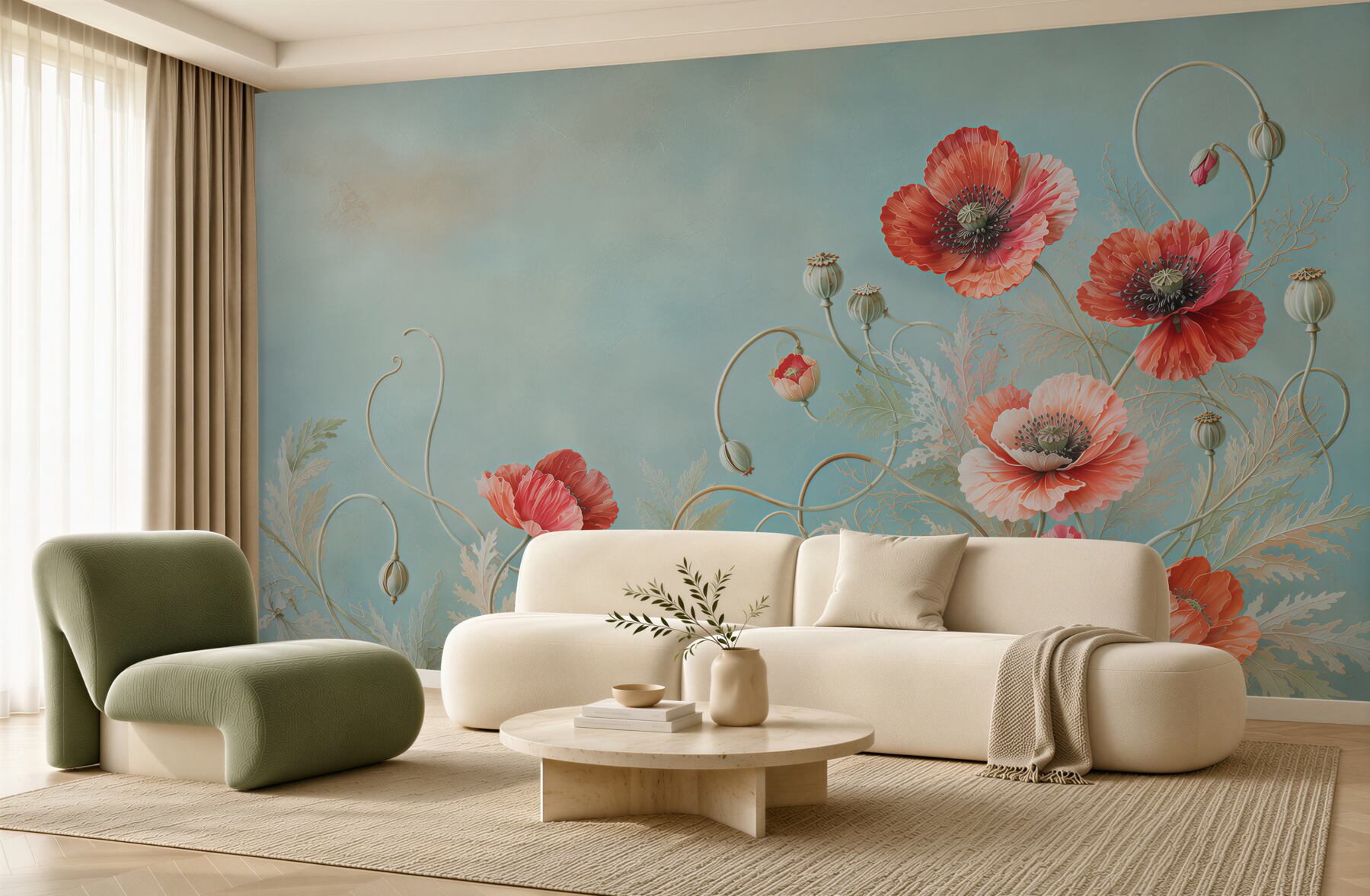 Fototapeta czerwone maki na turkusowym tle elegancka?v23