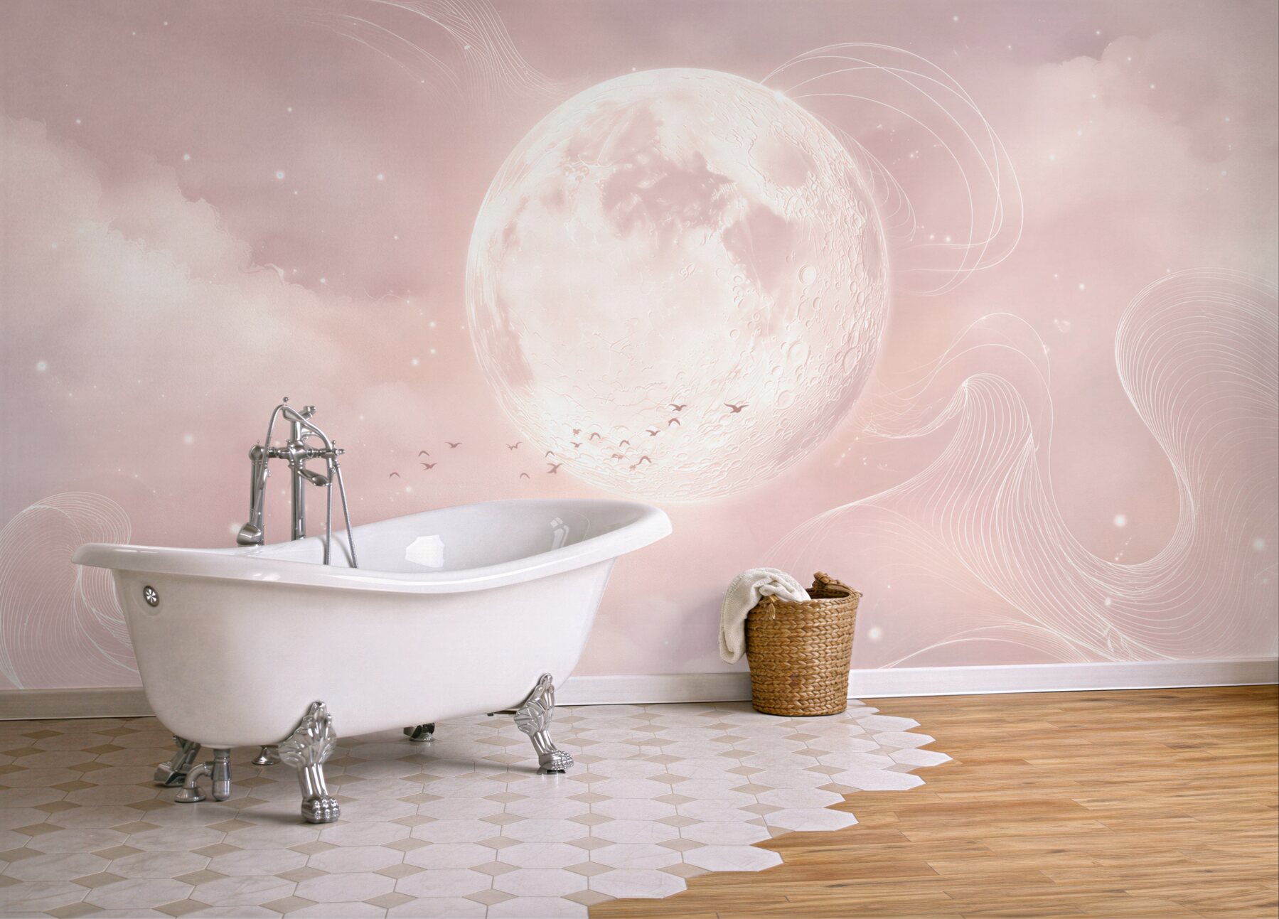 Fototapeta księżyc w różowych chmurach pastelowa fantazyjna?v23