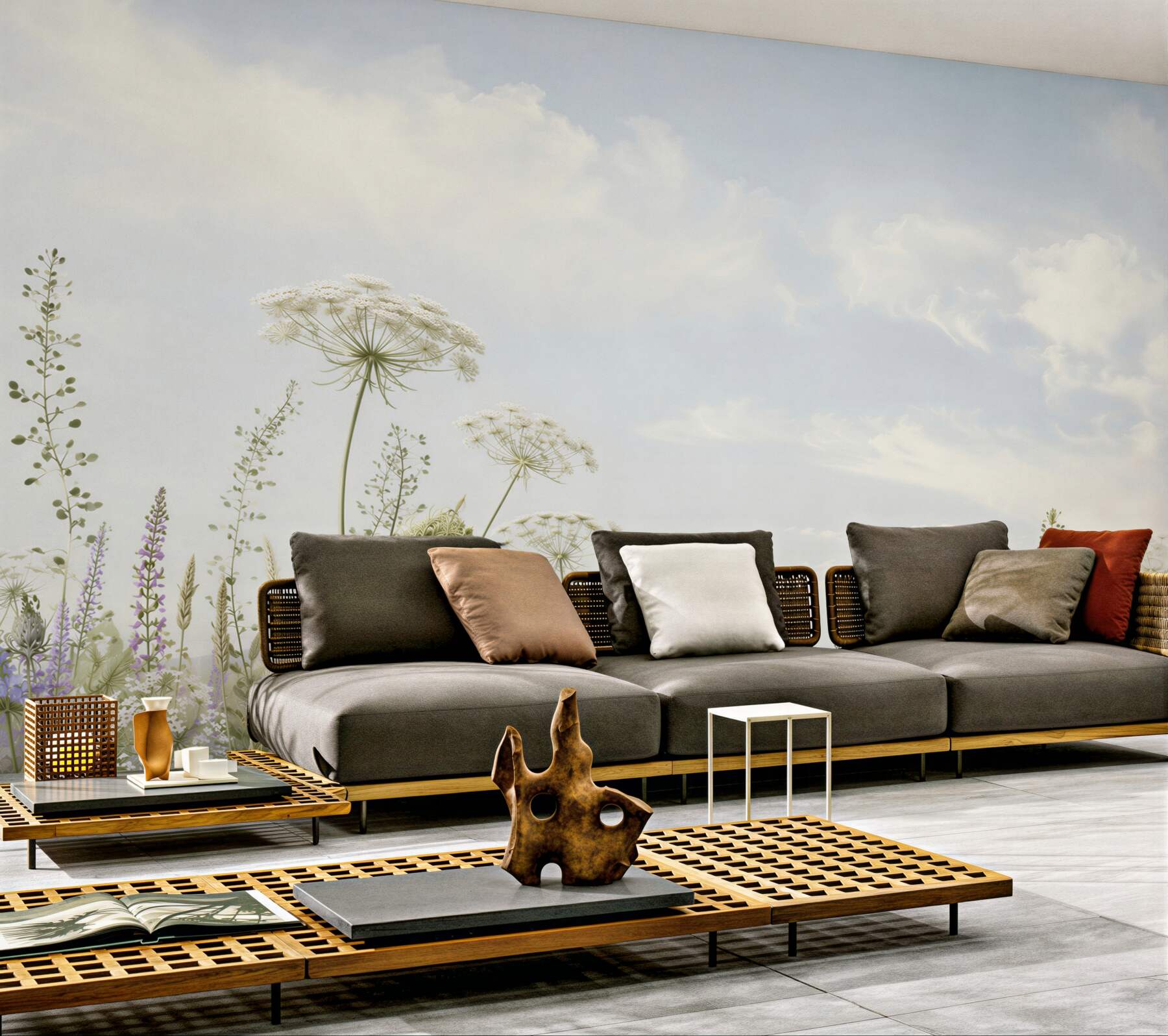 Fototapeta polna łąka z dziką marchwią i lawendą pod błękitnym niebem?v23