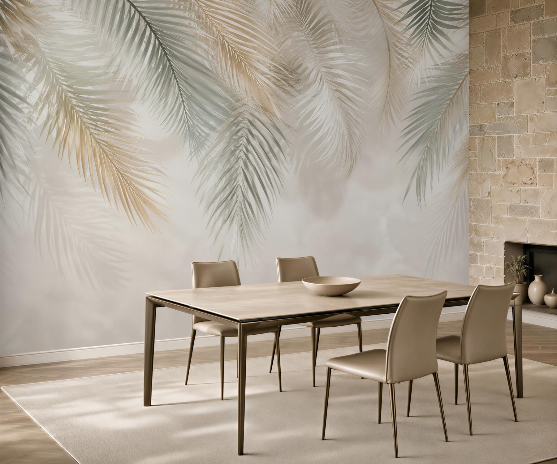 Fototapeta liście palmowe beżowo zielone delikatny styl tropical?v23