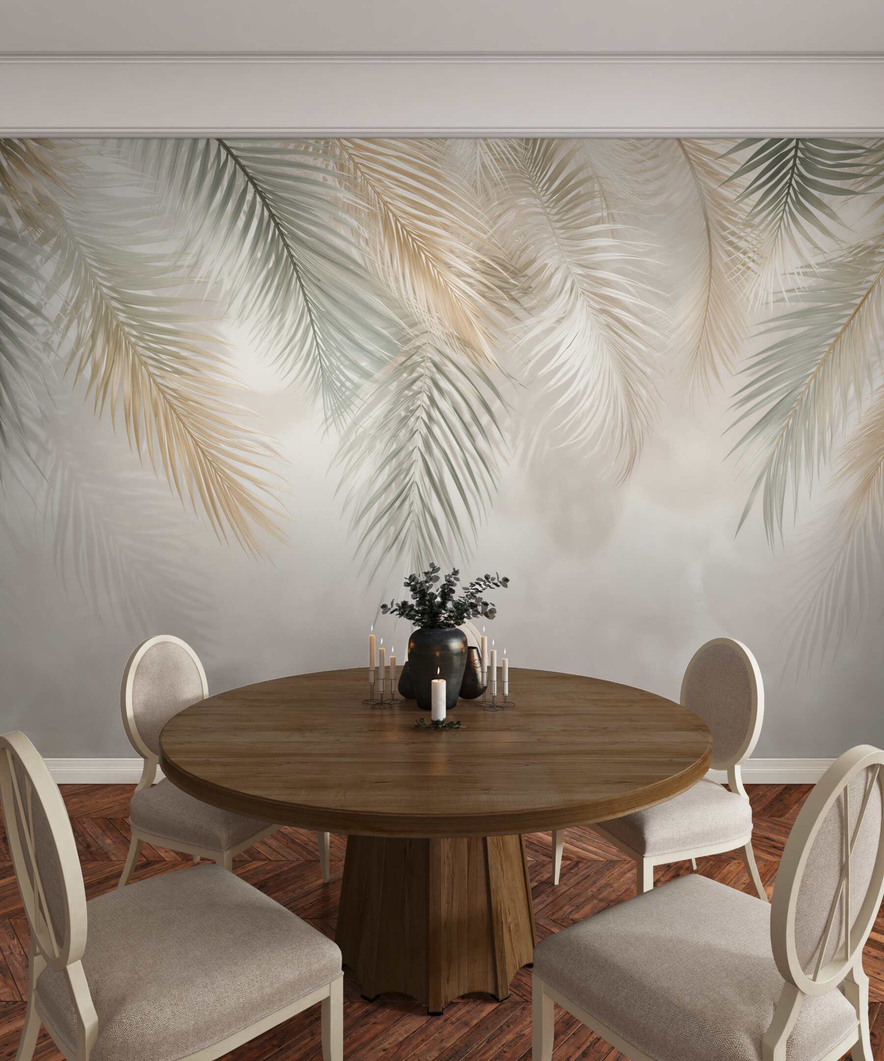 Fototapeta liście palmowe beżowo zielone delikatny styl tropical?v23