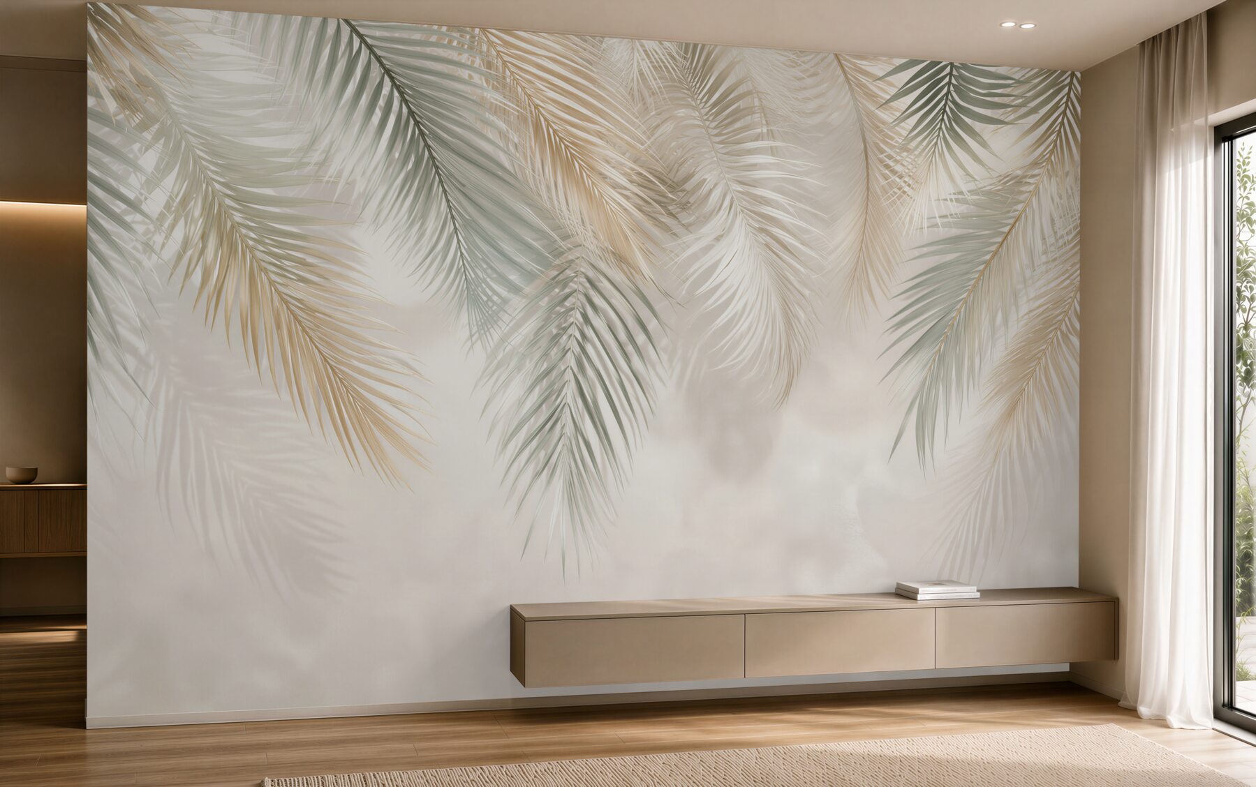 Fototapeta liście palmowe beżowo zielone delikatny styl tropical?v23