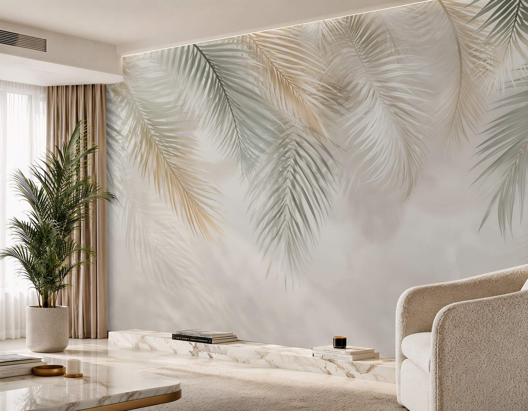 Fototapeta liście palmowe beżowo zielone delikatny styl tropical?v23
