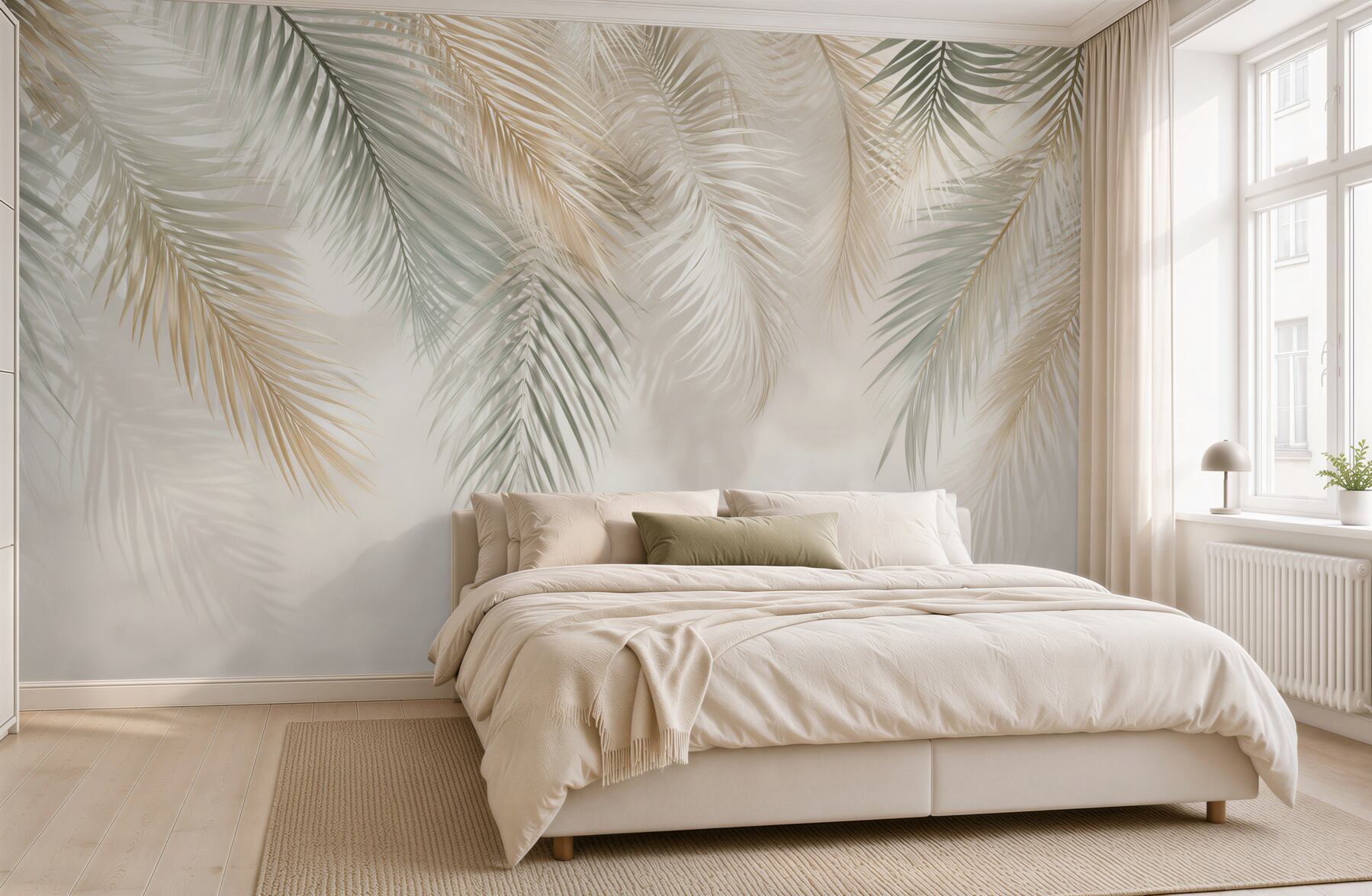 Fototapeta liście palmowe beżowo zielone delikatny styl tropical?v23