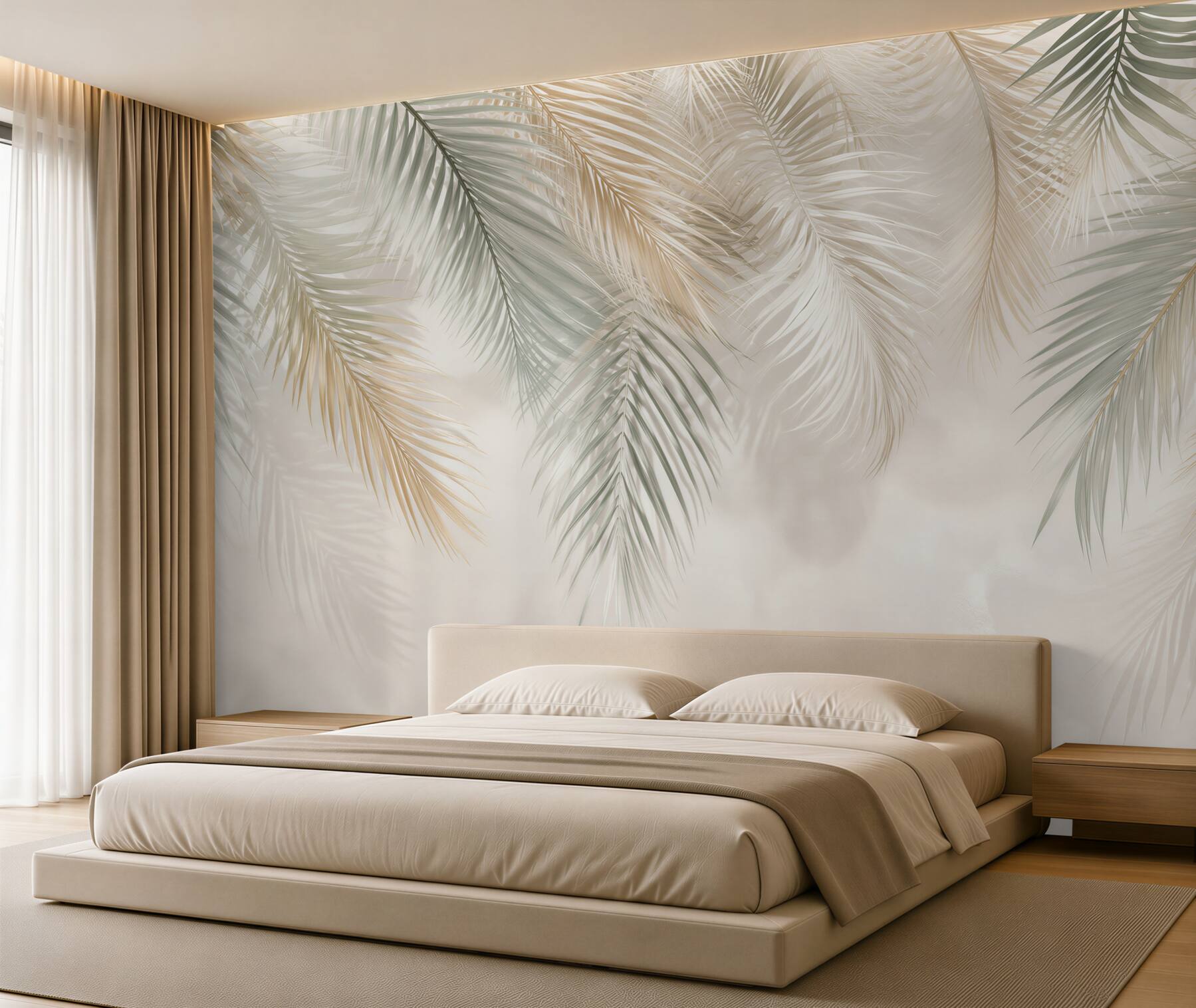 Fototapeta liście palmowe beżowo zielone delikatny styl tropical?v23