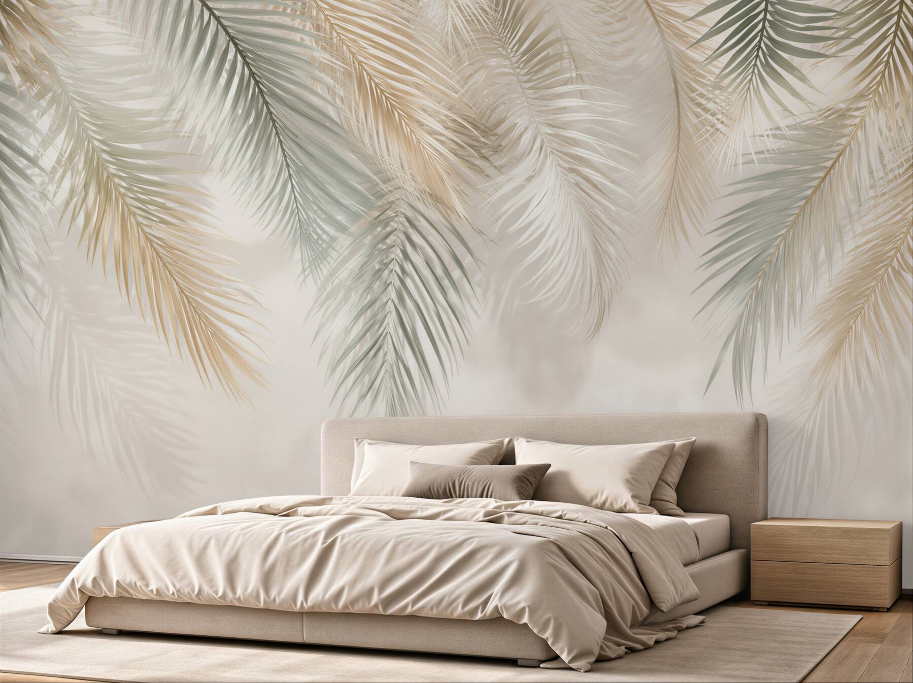 Fototapeta liście palmowe beżowo zielone delikatny styl tropical?v23