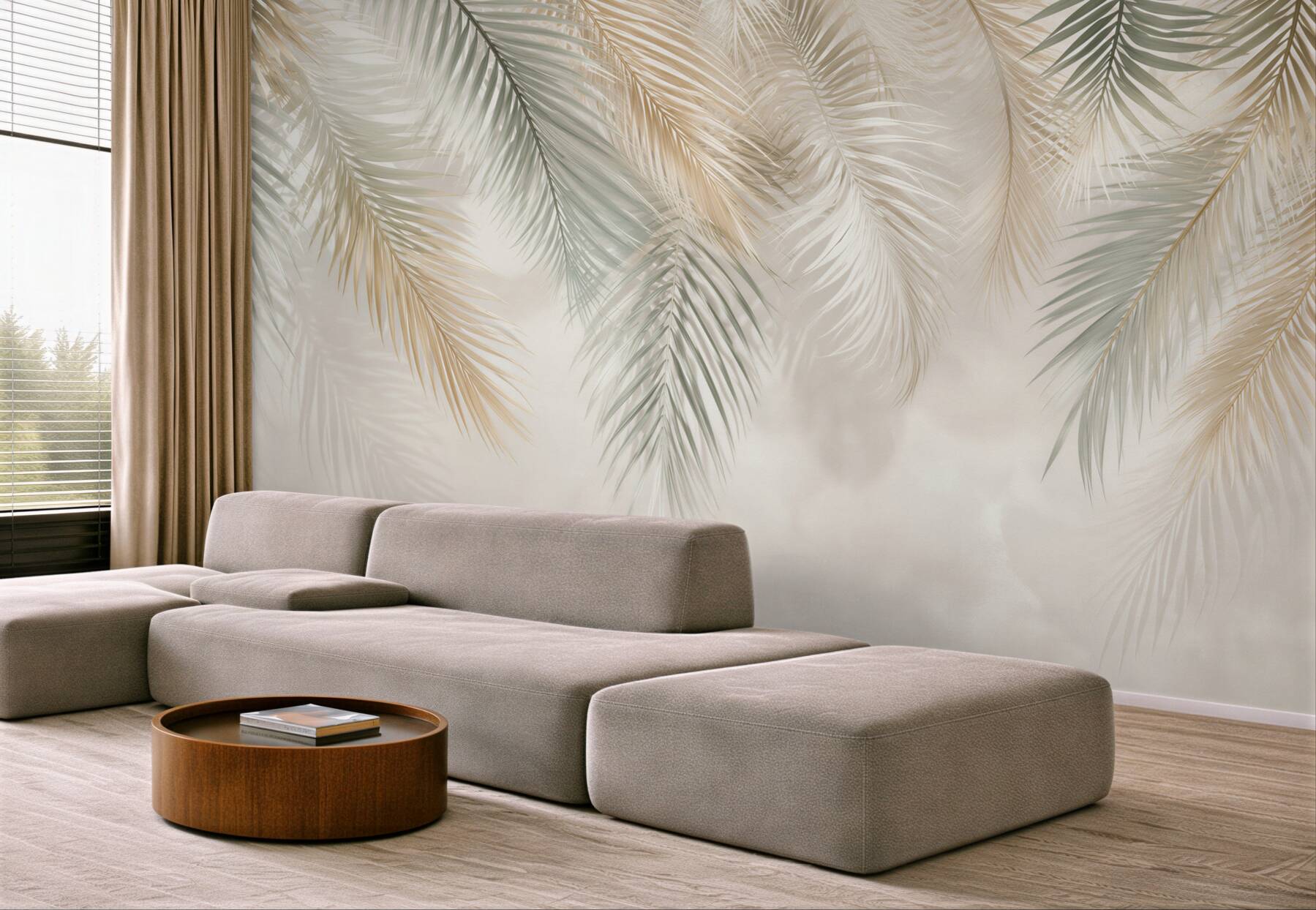Fototapeta liście palmowe beżowo zielone delikatny styl tropical?v23