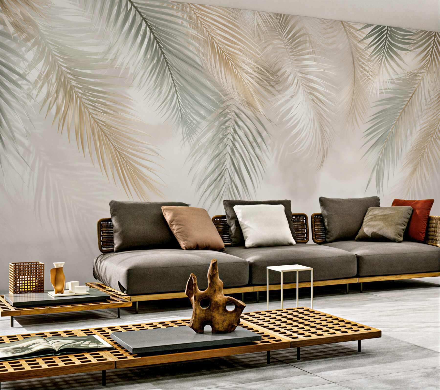 Fototapeta liście palmowe beżowo zielone delikatny styl tropical?v23