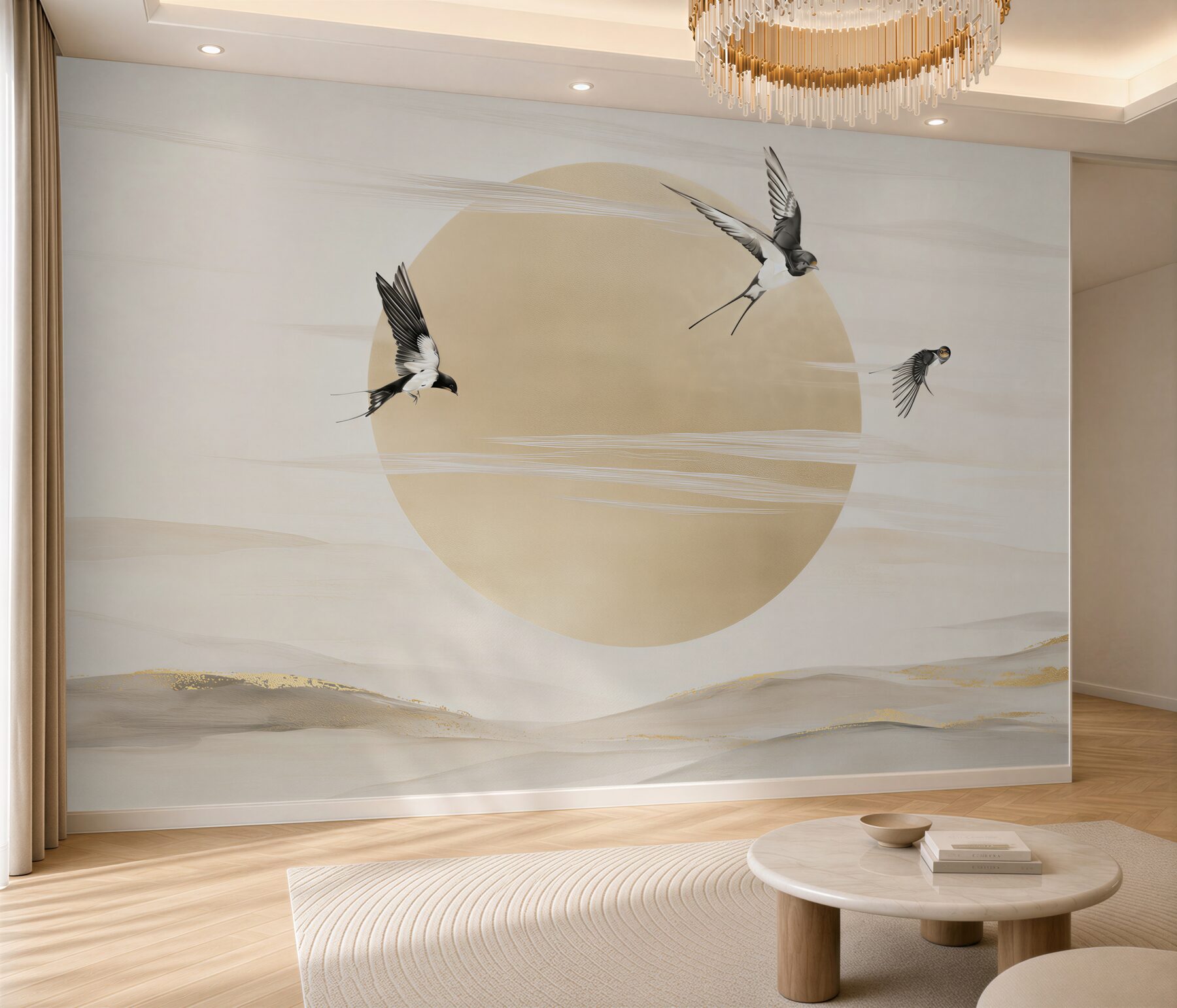 Fototapeta lecące jaskółki na tle złotego słońca minimalistyczna?v23