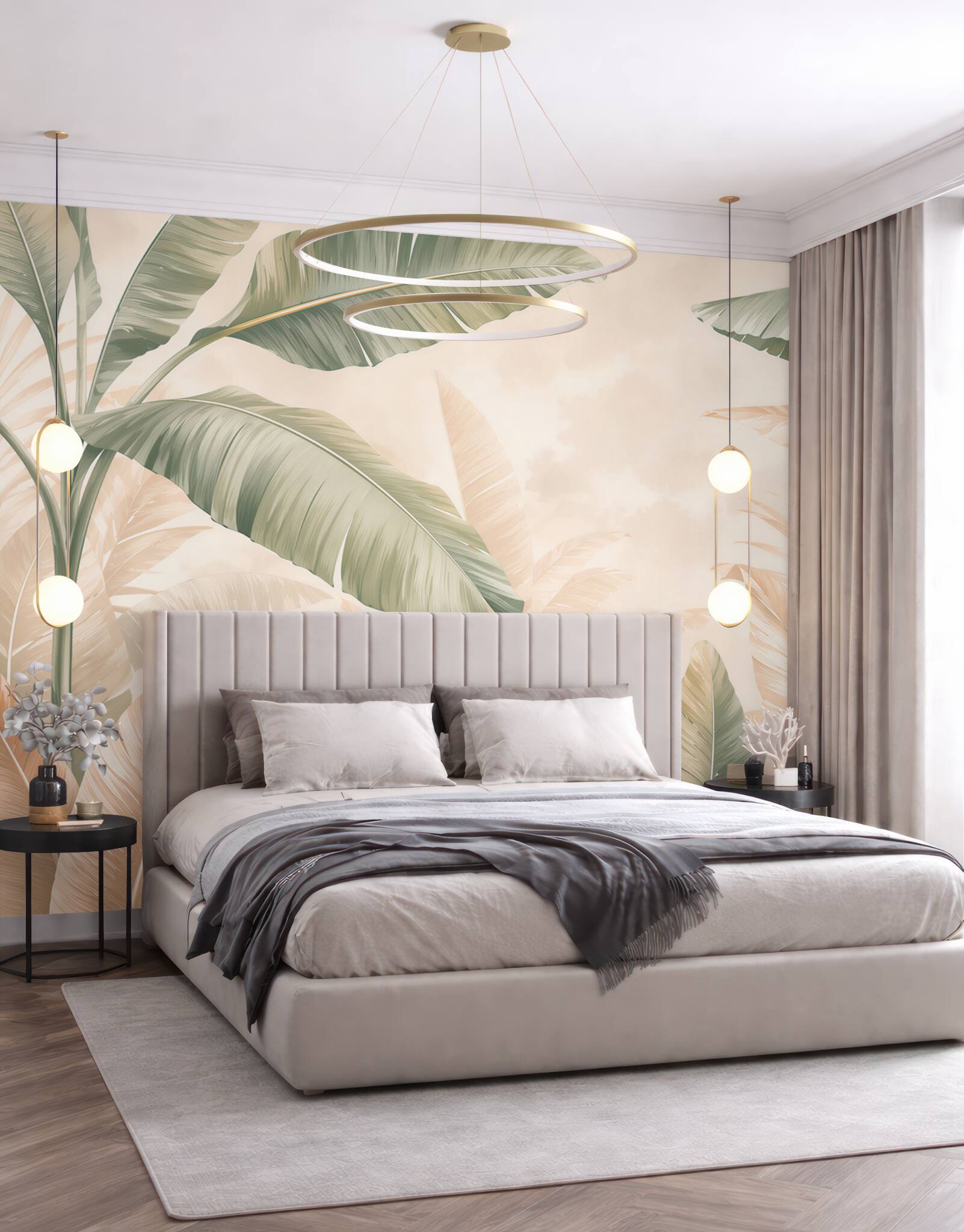 Fototapeta tropikalne liście zielone i beżowe w stylu urban jungle?v23