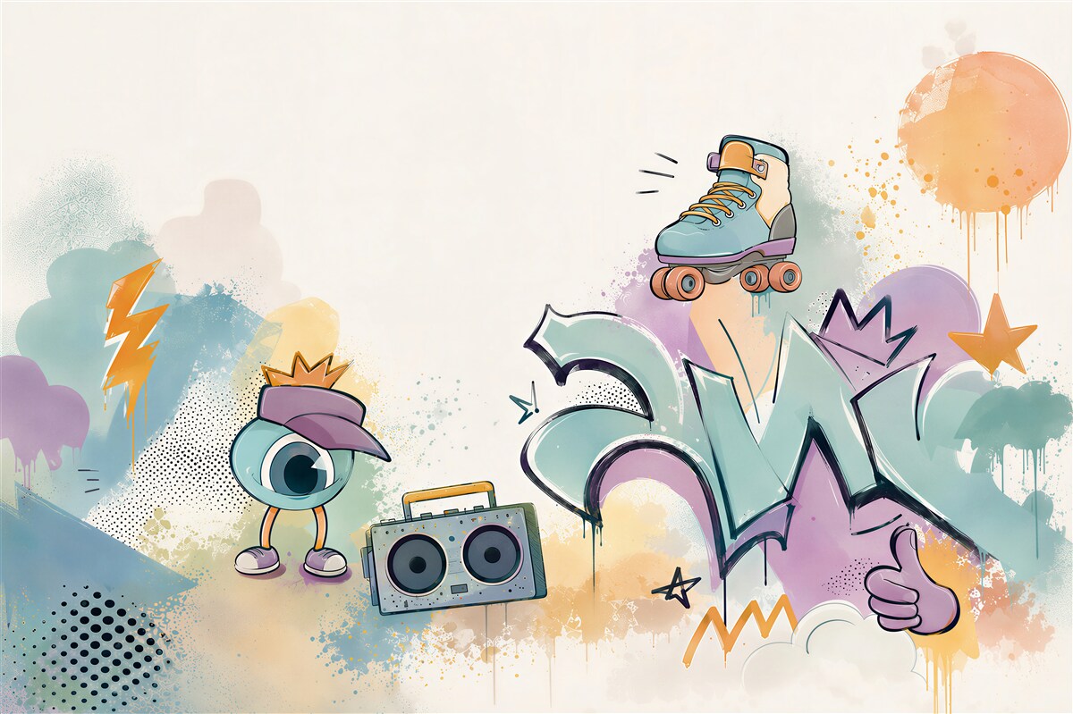 Fototapeta graffiti pastelowe z rolką i boomboxem do pokoju młodzieżowego