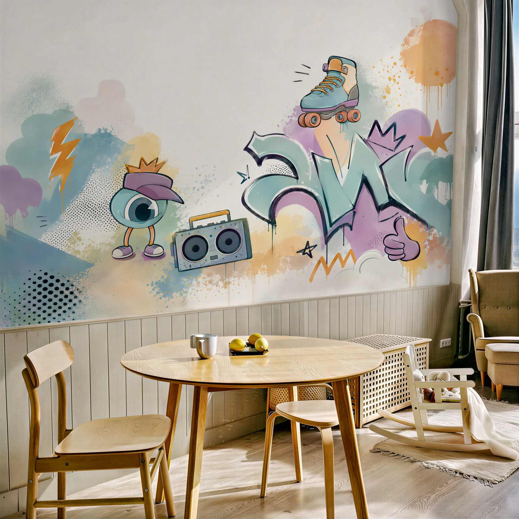 Fototapeta graffiti pastelowe z rolką i boomboxem do pokoju młodzieżowego?v23