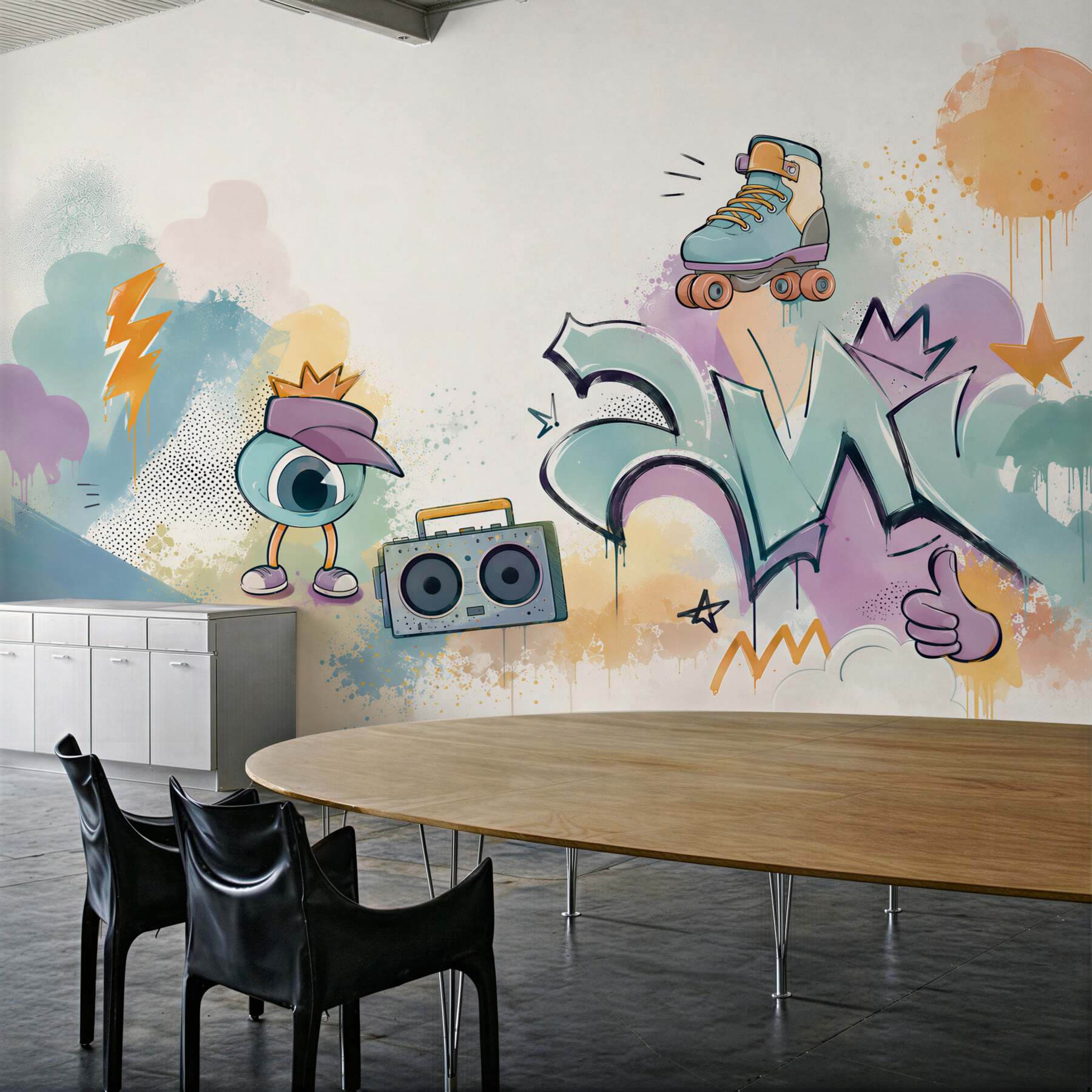 Fototapeta graffiti pastelowe z rolką i boomboxem do pokoju młodzieżowego