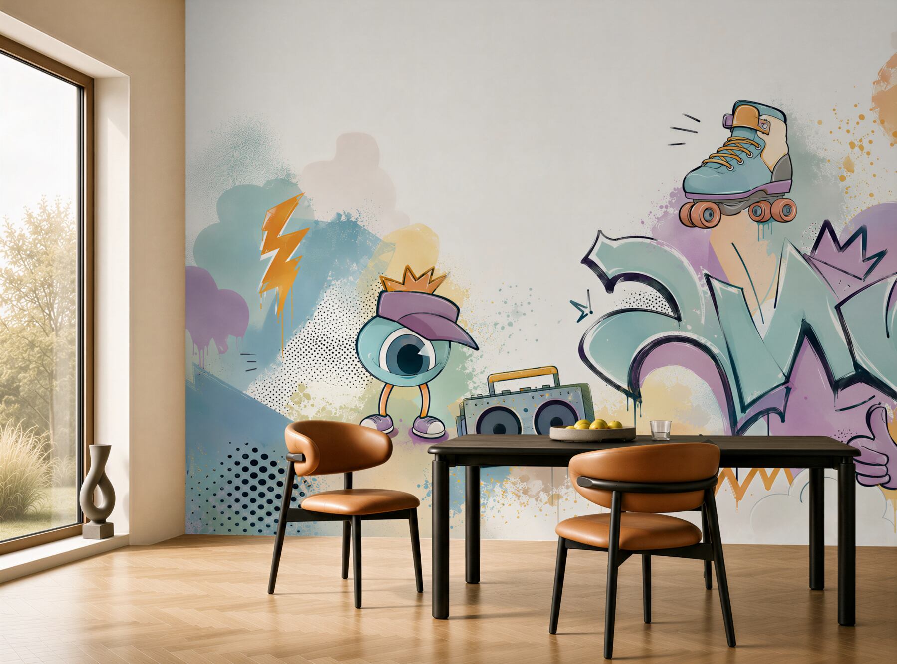 Fototapeta graffiti pastelowe z rolką i boomboxem do pokoju młodzieżowego?v23
