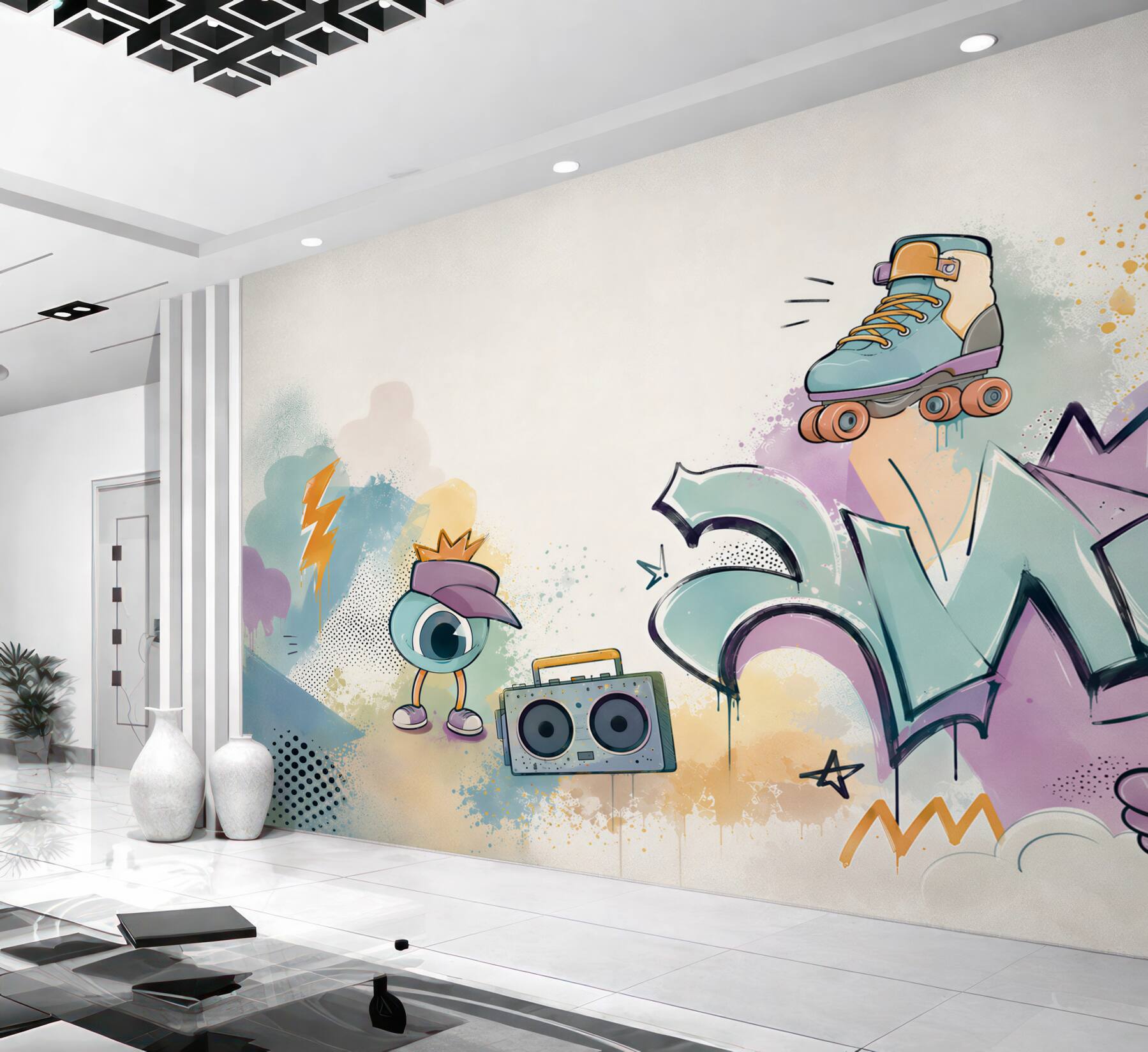 Fototapeta graffiti pastelowe z rolką i boomboxem do pokoju młodzieżowego?v23