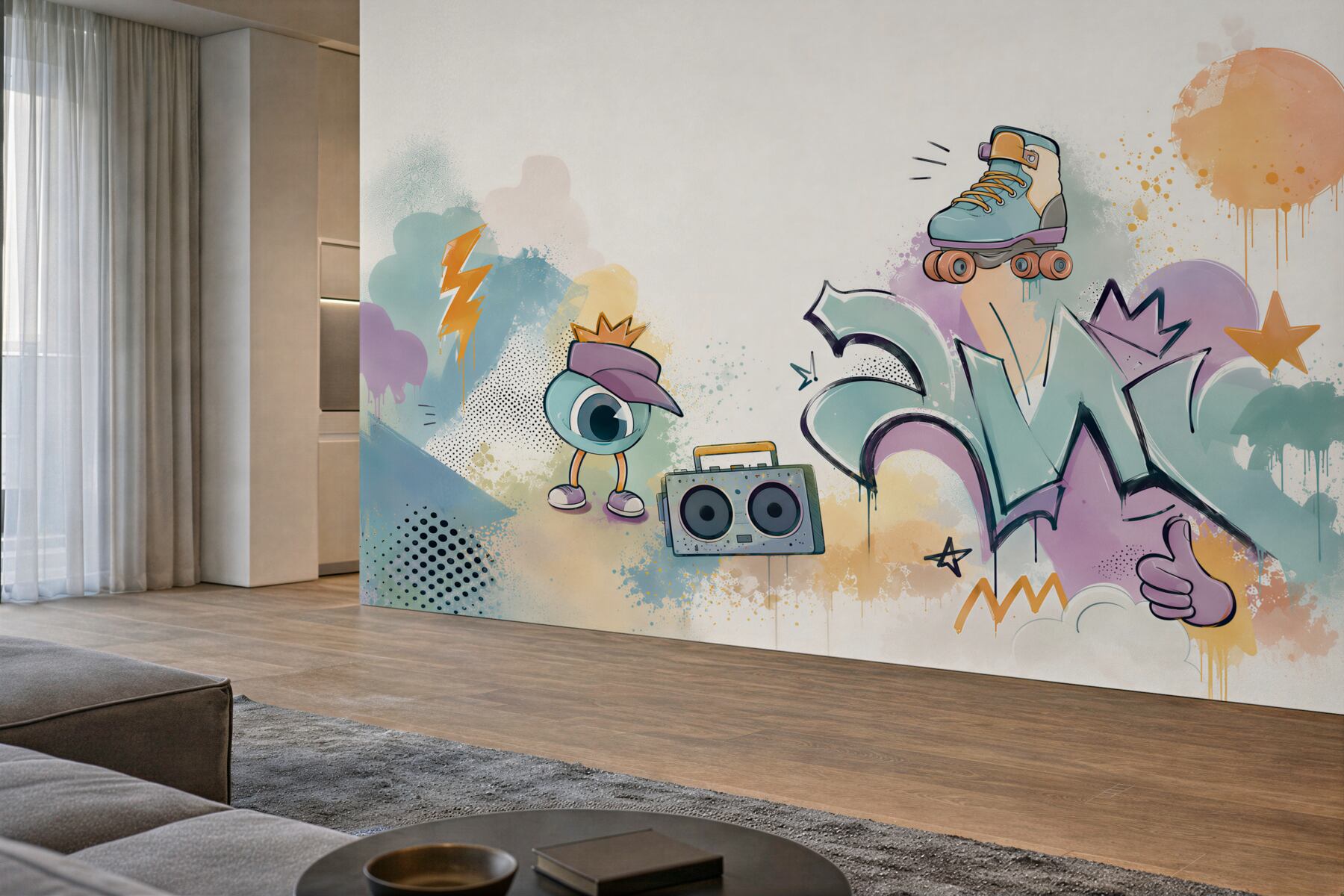 Fototapeta graffiti pastelowe z rolką i boomboxem do pokoju młodzieżowego?v23