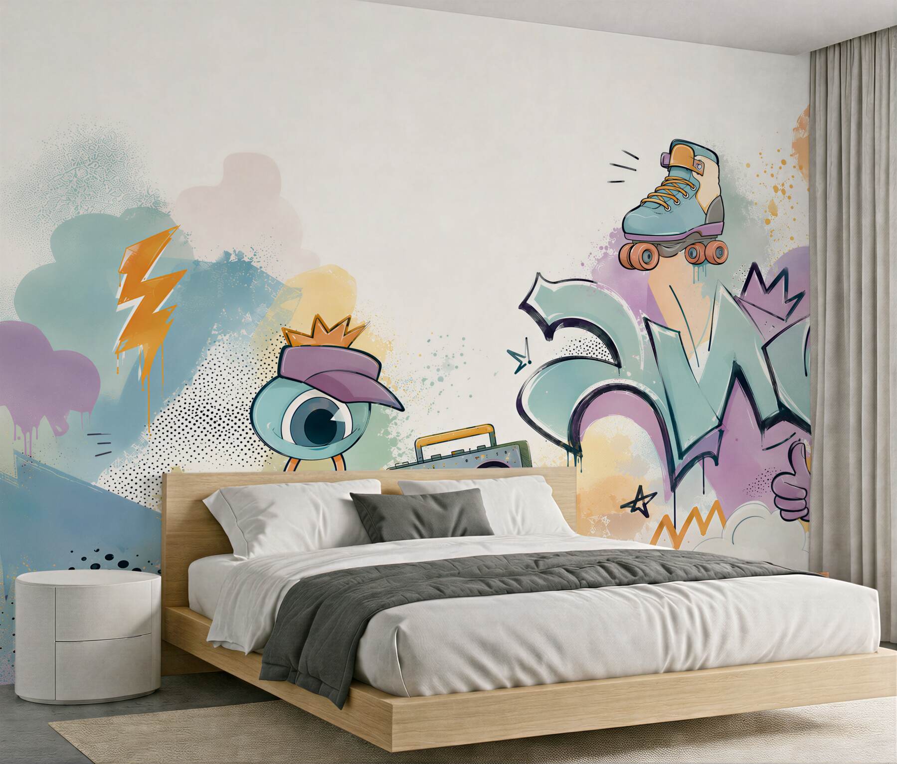 Fototapeta graffiti pastelowe z rolką i boomboxem do pokoju młodzieżowego?v23