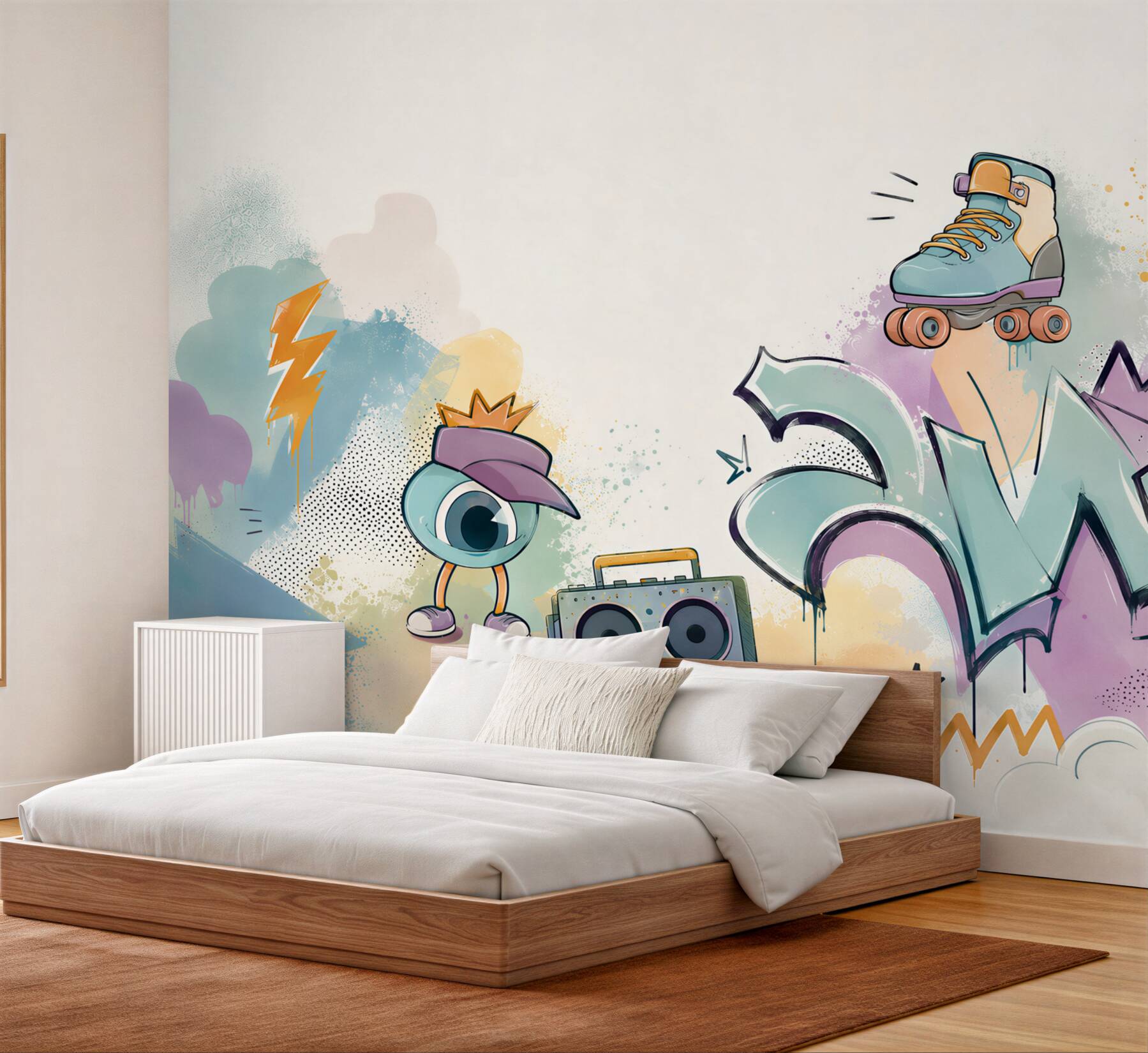 Fototapeta graffiti pastelowe z rolką i boomboxem do pokoju młodzieżowego?v23