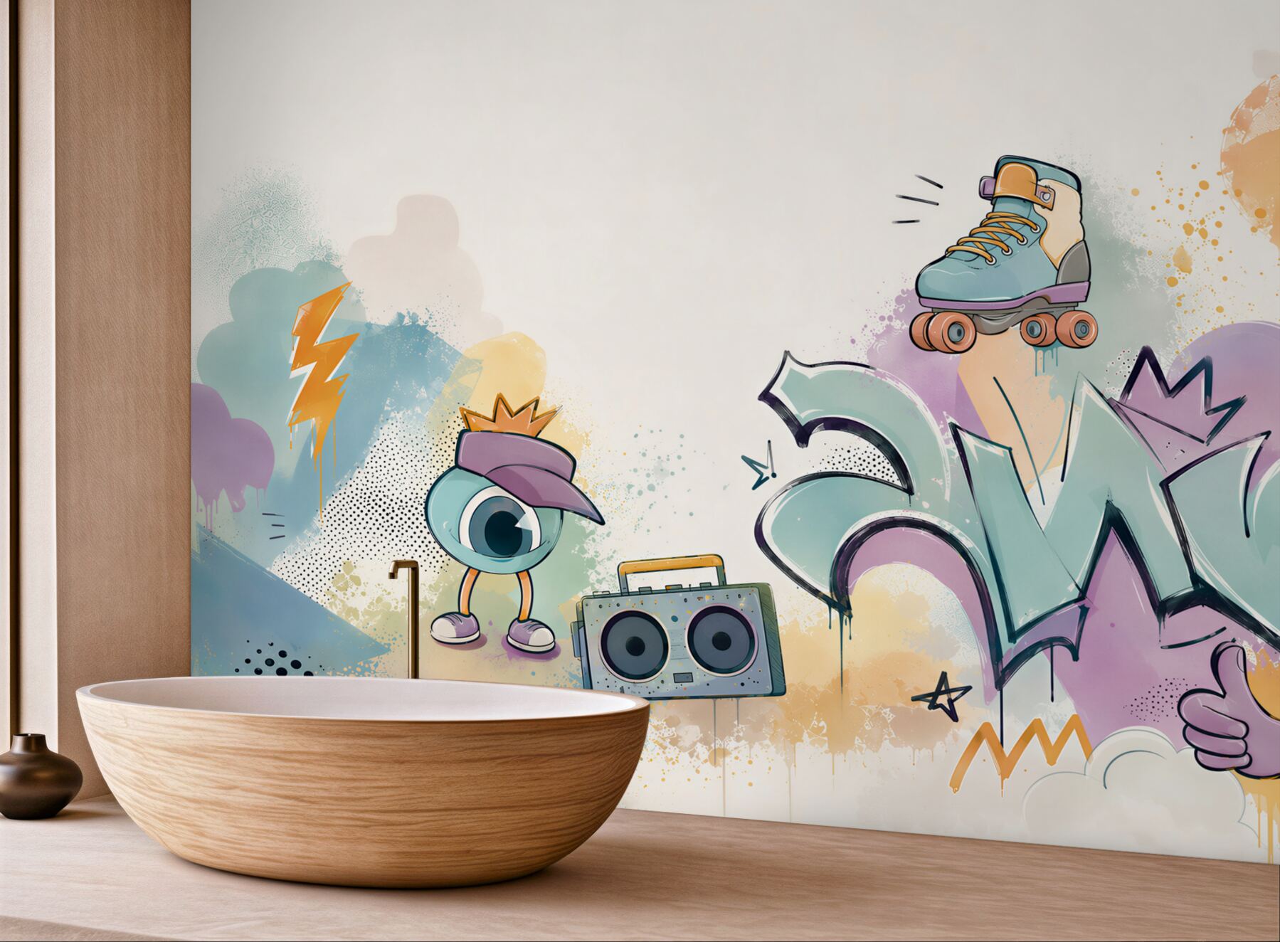 Fototapeta graffiti pastelowe z rolką i boomboxem do pokoju młodzieżowego?v23