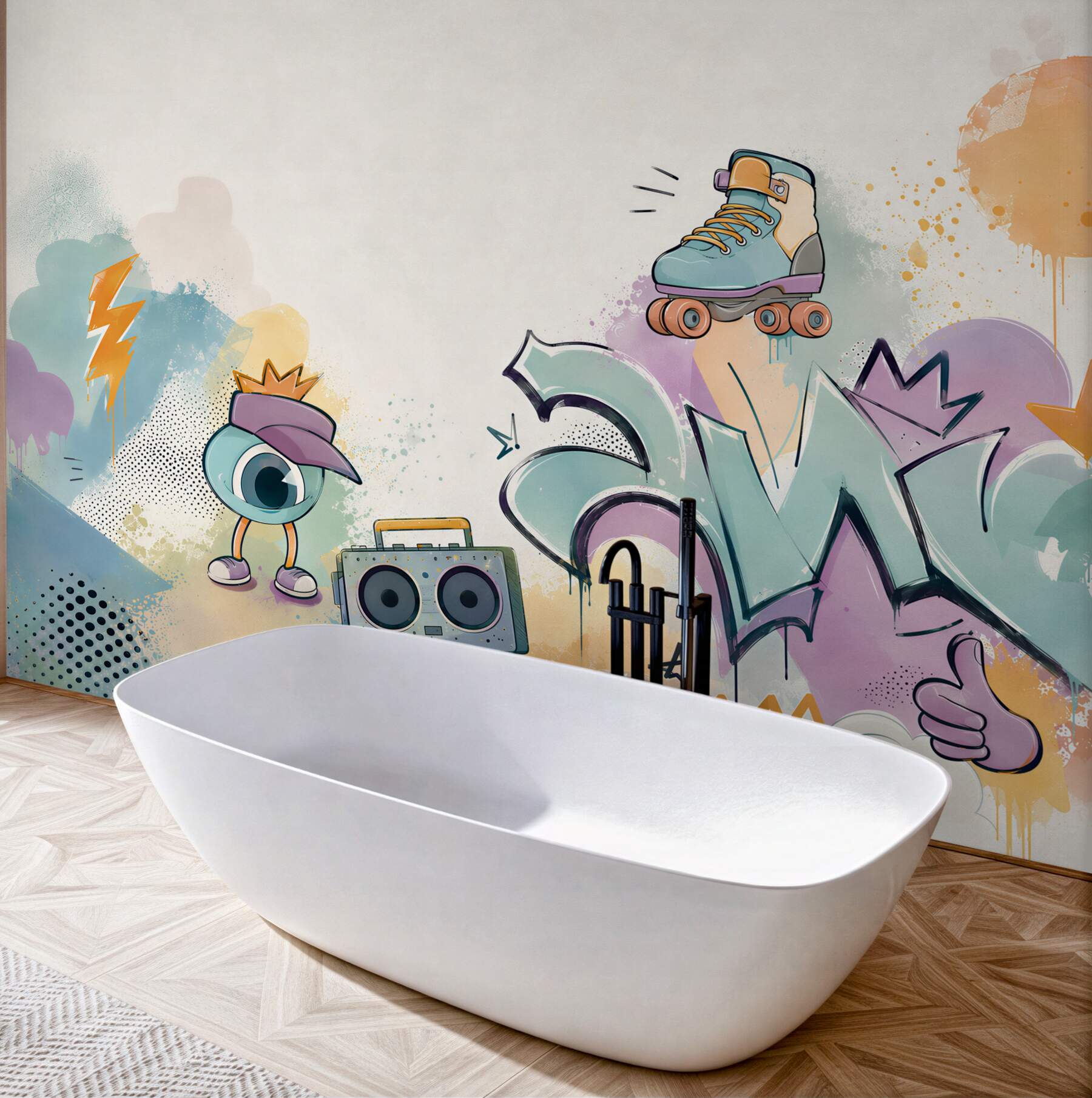 Fototapeta graffiti pastelowe z rolką i boomboxem do pokoju młodzieżowego?v23
