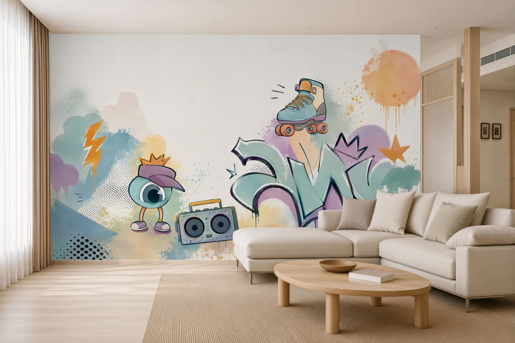 Fototapeta graffiti pastelowe z rolką i boomboxem do pokoju młodzieżowego?v23