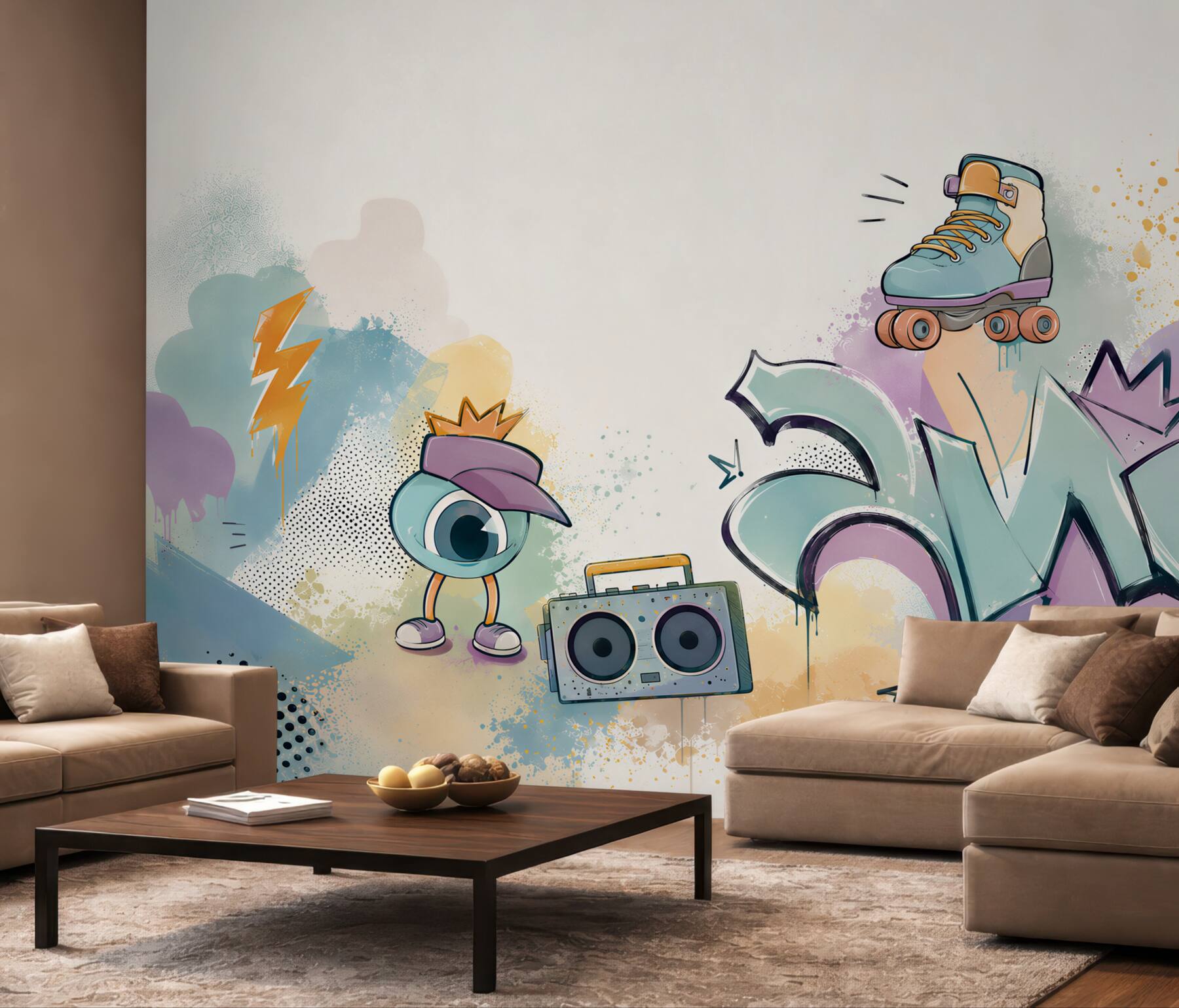 Fototapeta graffiti pastelowe z rolką i boomboxem do pokoju młodzieżowego?v23