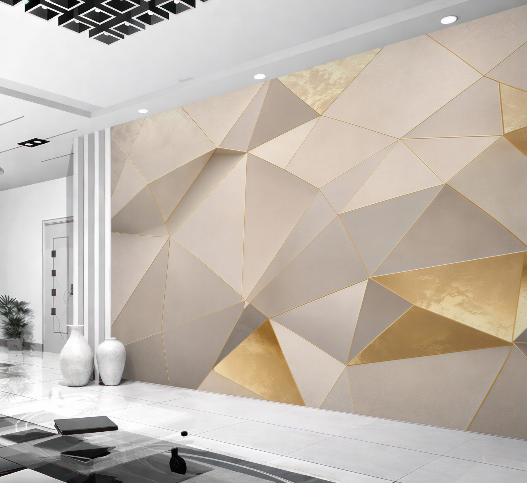 Fototapeta geometryczne trójkąty biało złote elegancka abstrakcja 3D?v23